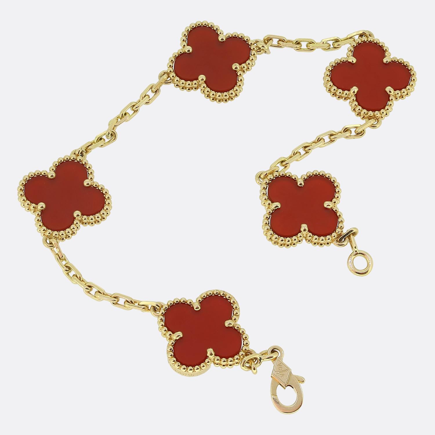 Round Cut Van Cleef & Arpels Vintage Alhambra Five Motif Carnelian Bracelet