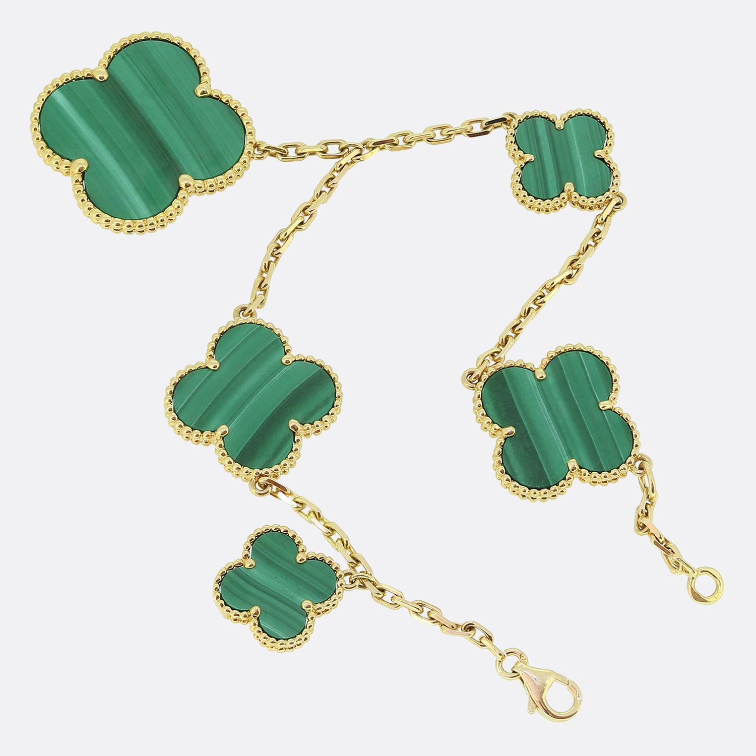 Round Cut Van Cleef & Arpels Vintage Alhambra Five Motif Malachite Bracelet For Sale