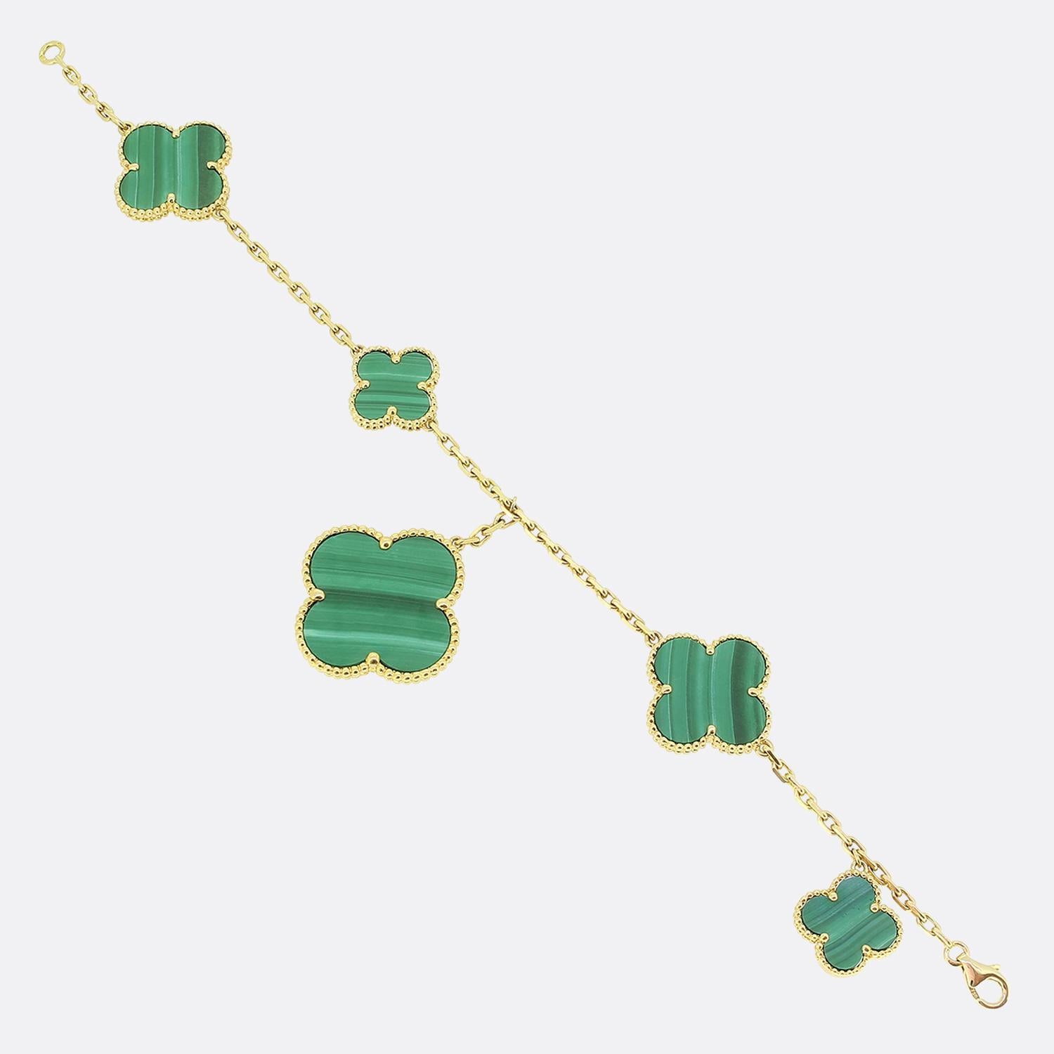 Van Cleef & Arpels Vintage Alhambra Five Motif Malachite Bracelet In Good Condition For Sale In London, GB
