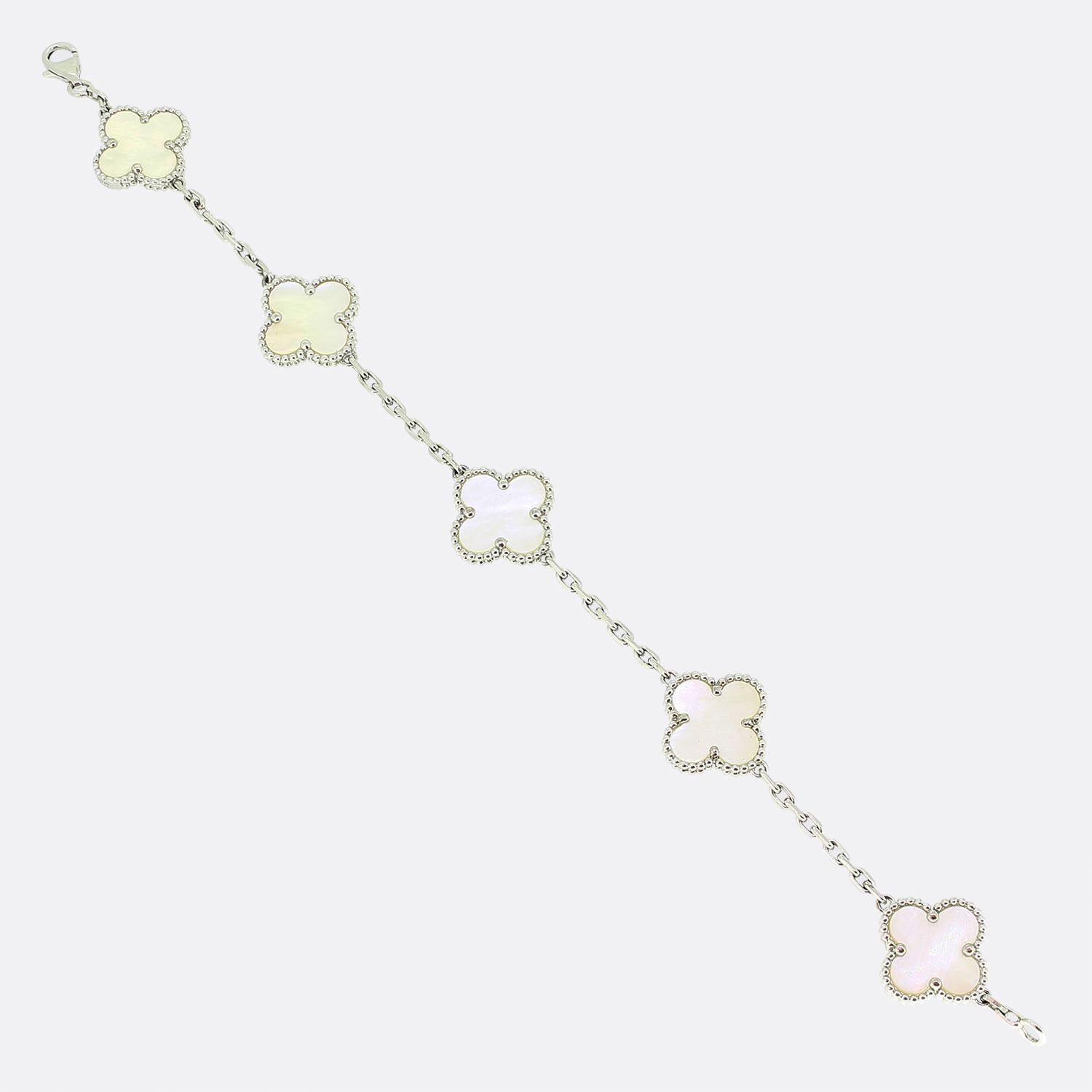 Van Cleef & Arpels Vintage Alhambra Five Motif Mother of Pearl Bracelet In Good Condition For Sale In London, GB