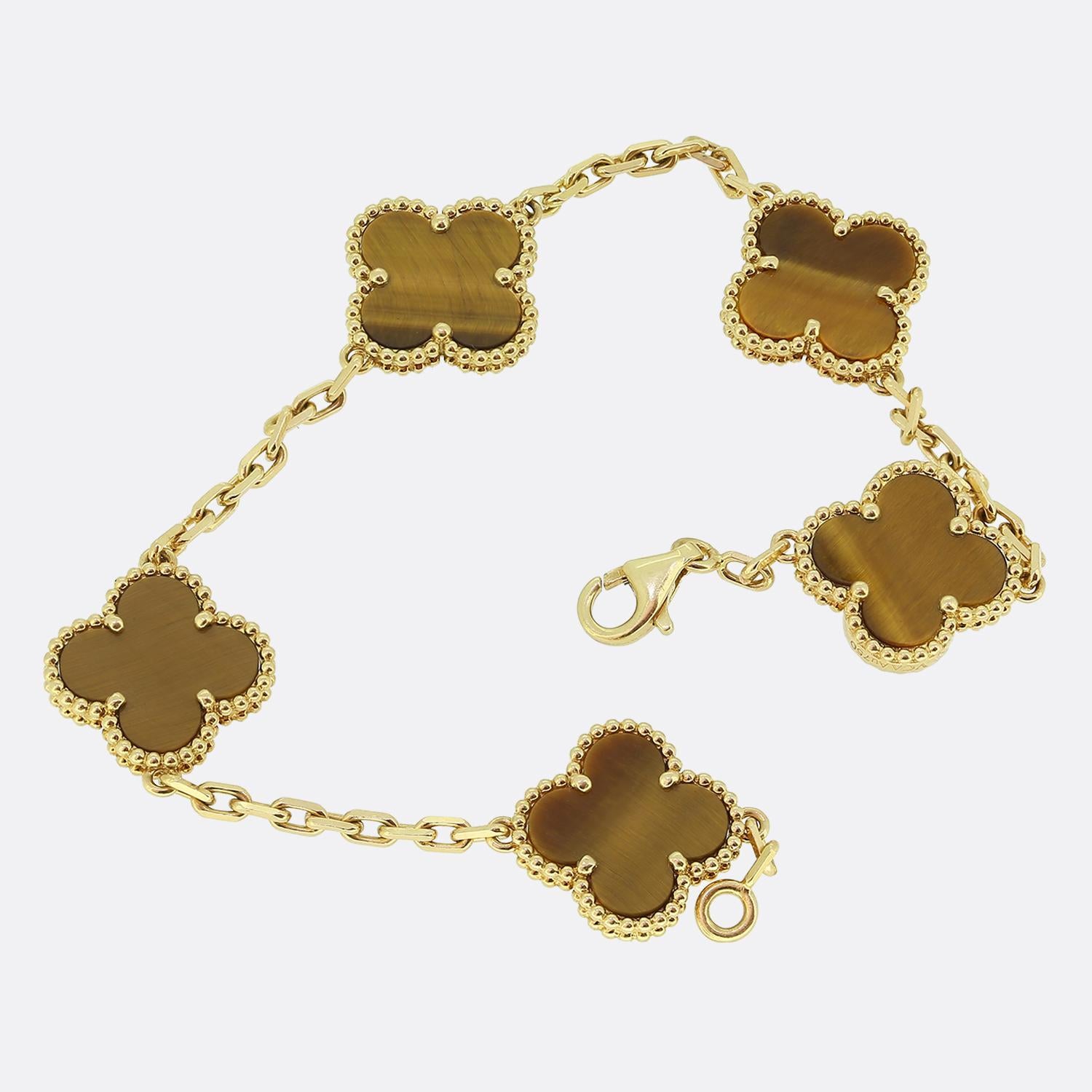 Van Cleef & Arpels Vintage Alhambra Five Motif Tigers Eye Bracelet In Good Condition In London, GB