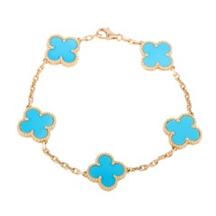 Van Cleef & Arpels Vintage Alhambra Five Motif Turquoise Gold Bracelet