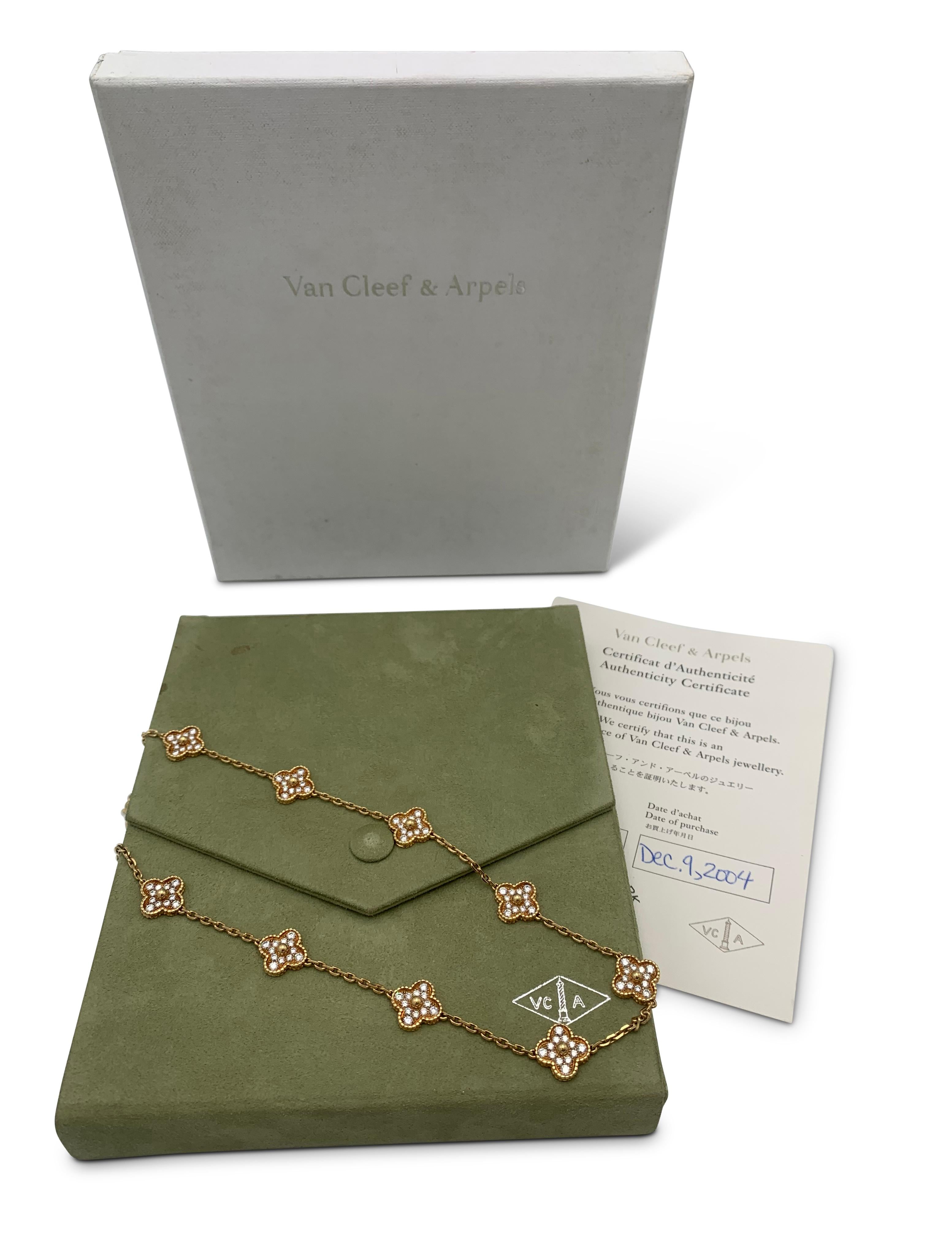 Van Cleef & Arpels 'Vintage Alhambra' Gold and Diamond 10-Motif Necklace In Excellent Condition In New York, NY