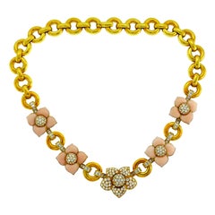 Van Cleef & Arpels Vintage Alhambra Gold Necklace with Coral and Diamond