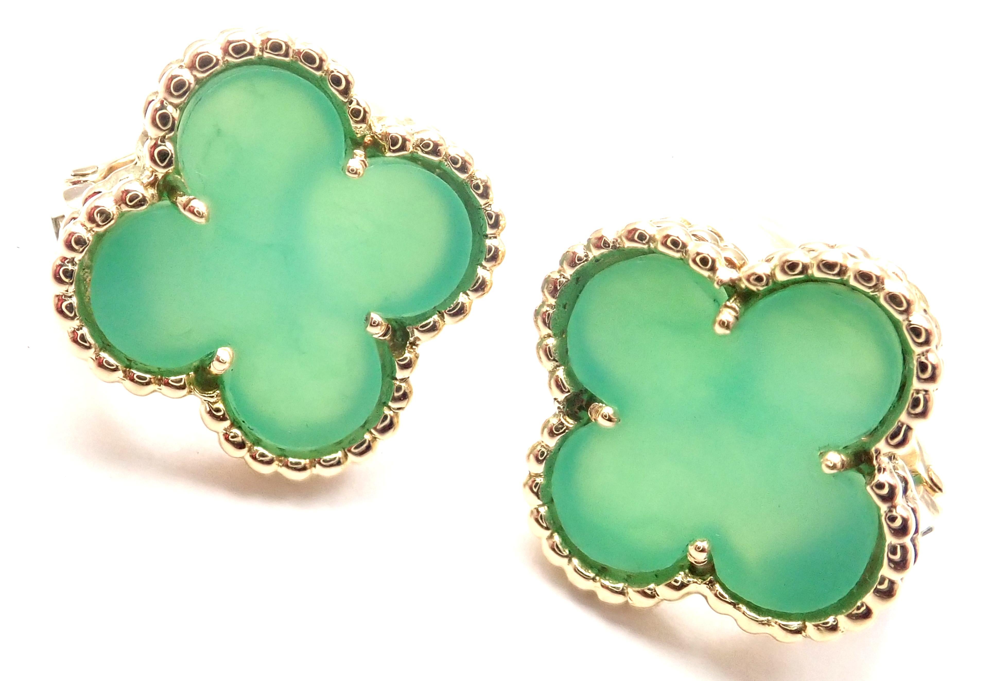 18k Yellow Gold Vintage Alhambra Green Chalcedony Earrings by Van Cleef & Arpels. 
With 2 green chalcedony stones: 15mm each.
These earrings are for non pierced ears, but they can be converted by adding posts.
Details: 
Measurements: 15mm x