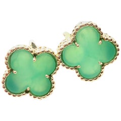 Van Cleef & Arpels Vintage Alhambra Green Chalcedony Yellow Gold Earrings