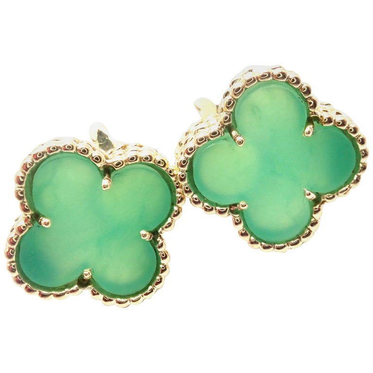 Van Cleef and Arpels Vintage Alhambra Green Chalcedony Yellow Gold Earrings at 1stDibs van