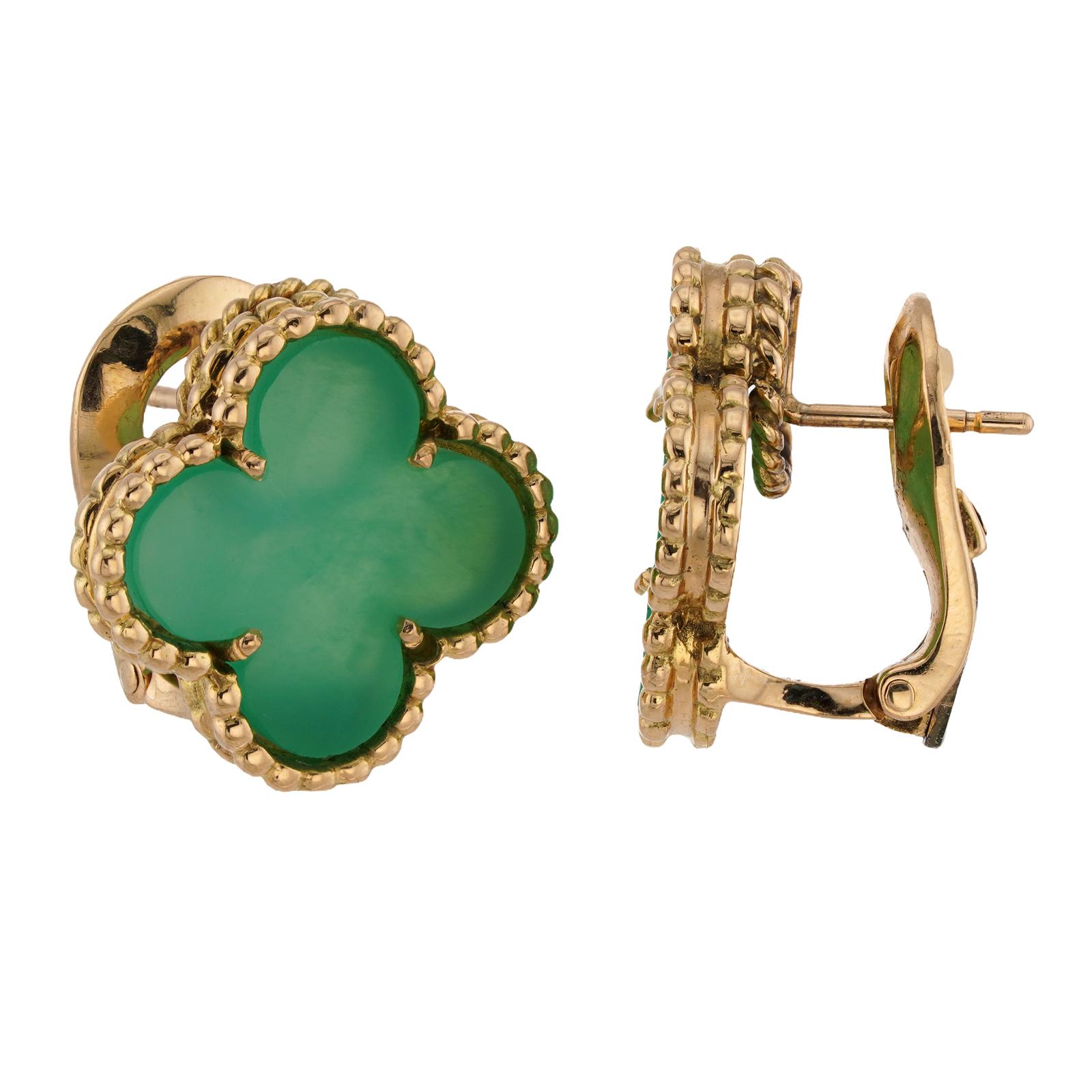 Women's VAN CLEEF & ARPELS Vintage Alhambra Green Chrysoprase 18k Yellow Gold Earrings