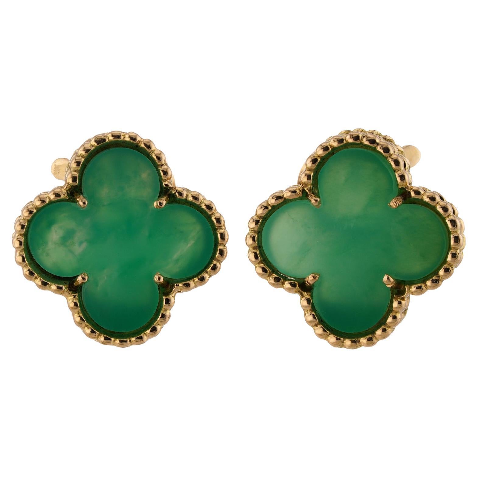 VAN CLEEF & ARPELS Vintage Alhambra Green Chrysoprase 18k Yellow Gold Earrings