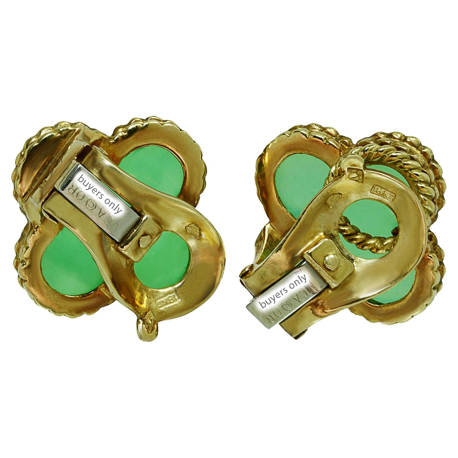 These stunning Van Cleef & Arpels clip-on earrings from the classic Vintage Alhambra collection are crafted in 18k yellow gold and feature a beaded lucky clover design set with green chrysoprase. Made in France circa 1980s. Posts for pierced ears