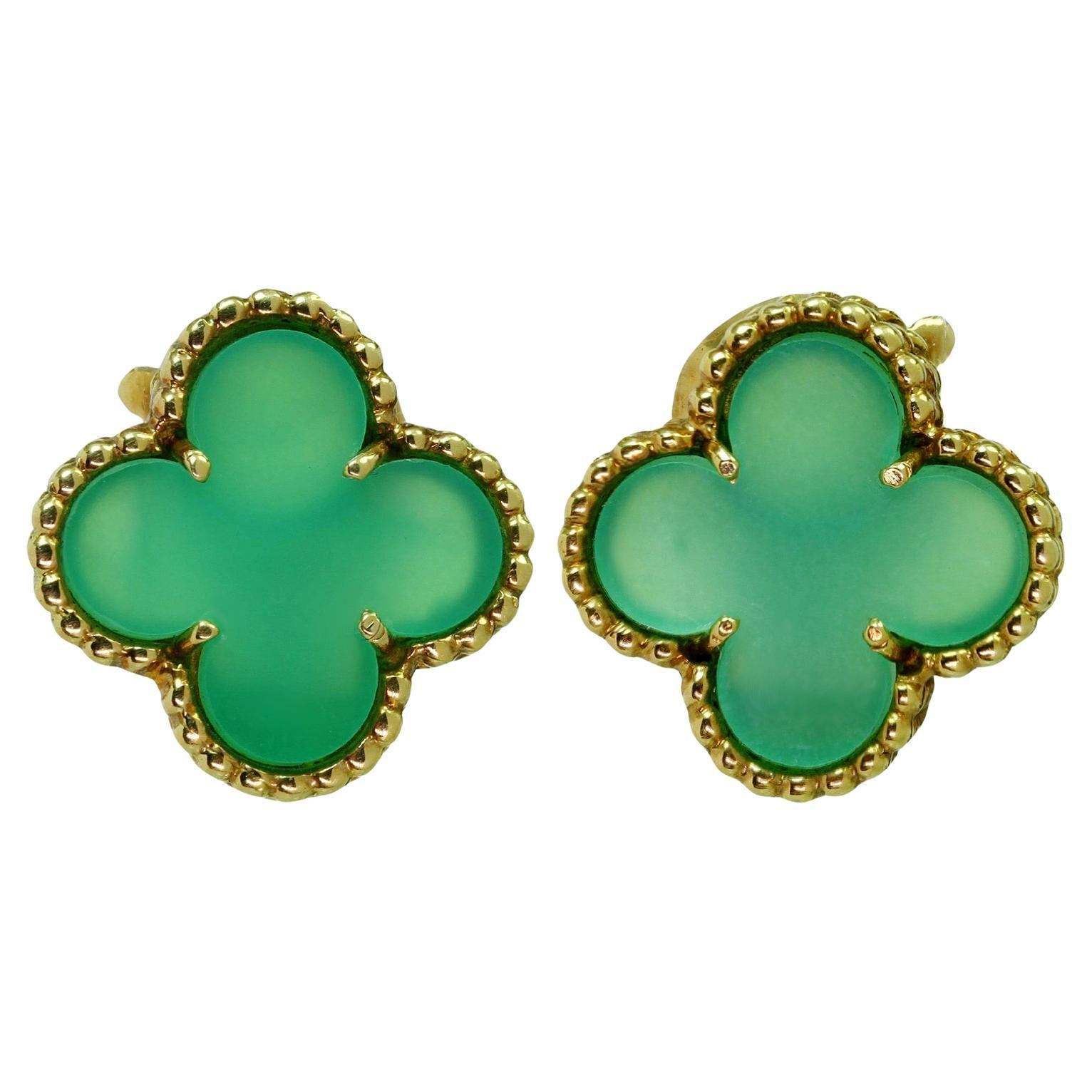 VAN CLEEF & ARPELS Vintage Alhambra Green Chrysoprase Clip-on Earrings  For Sale