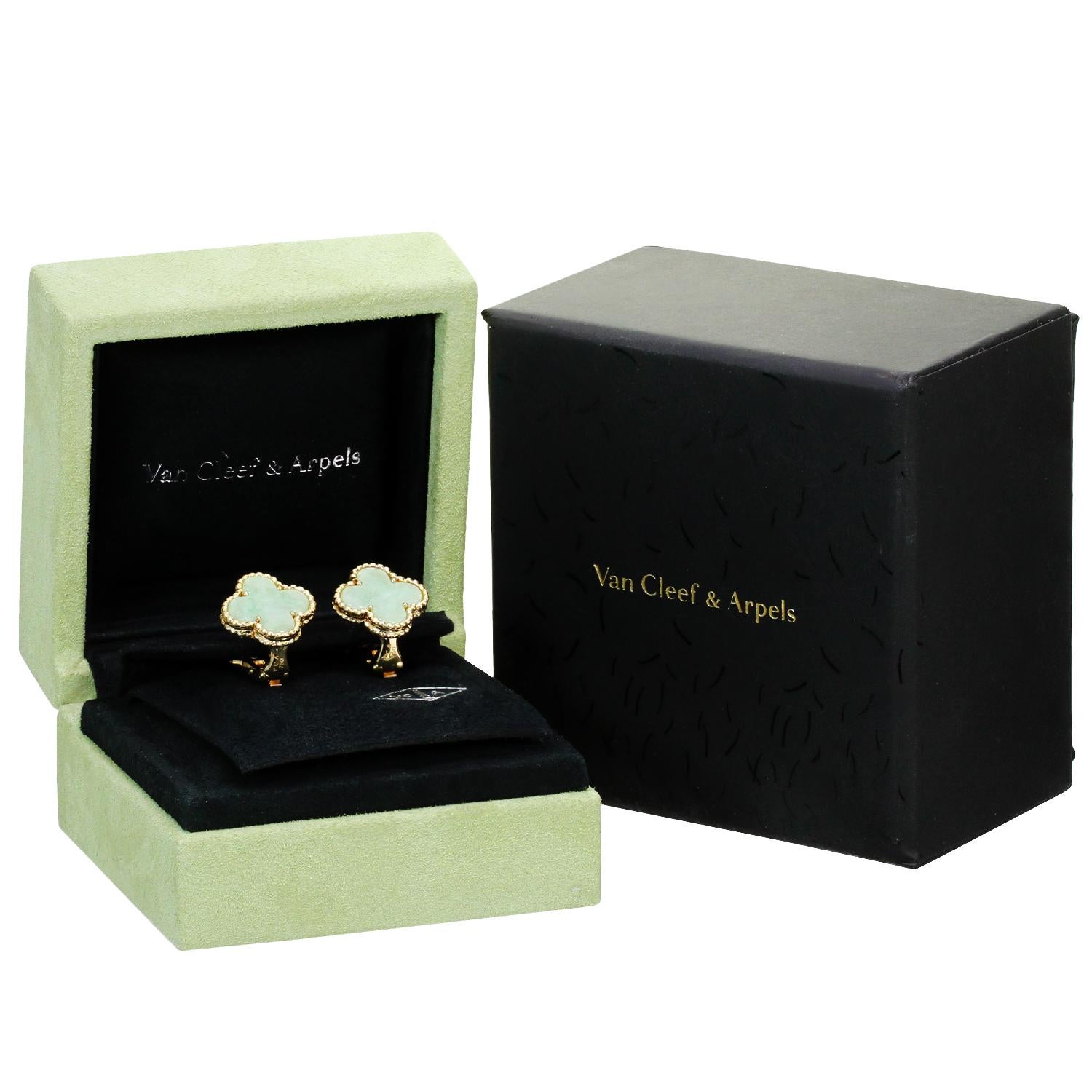 These gorgeous rare earrings from the Vintage Alhambra collection by Van Cleef & Arpels feature green jade stones set in 18k yellow gold and completed with lever-backs and posts for pierced ears. An iconic and festive design inspired by the symbol