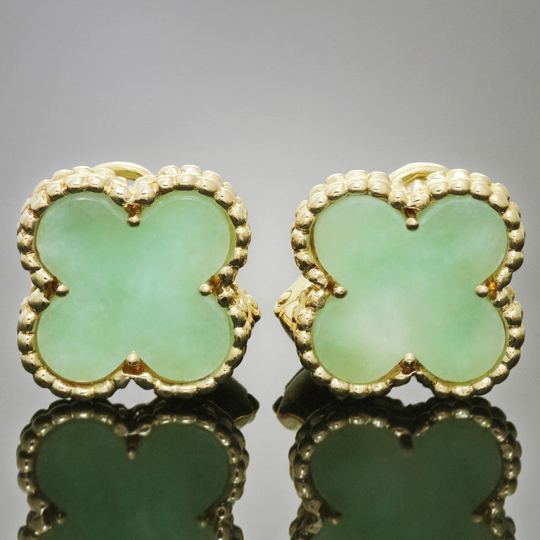 Van Cleef and Arpels Vintage Alhambra Green Jade Yellow Gold Earrings
