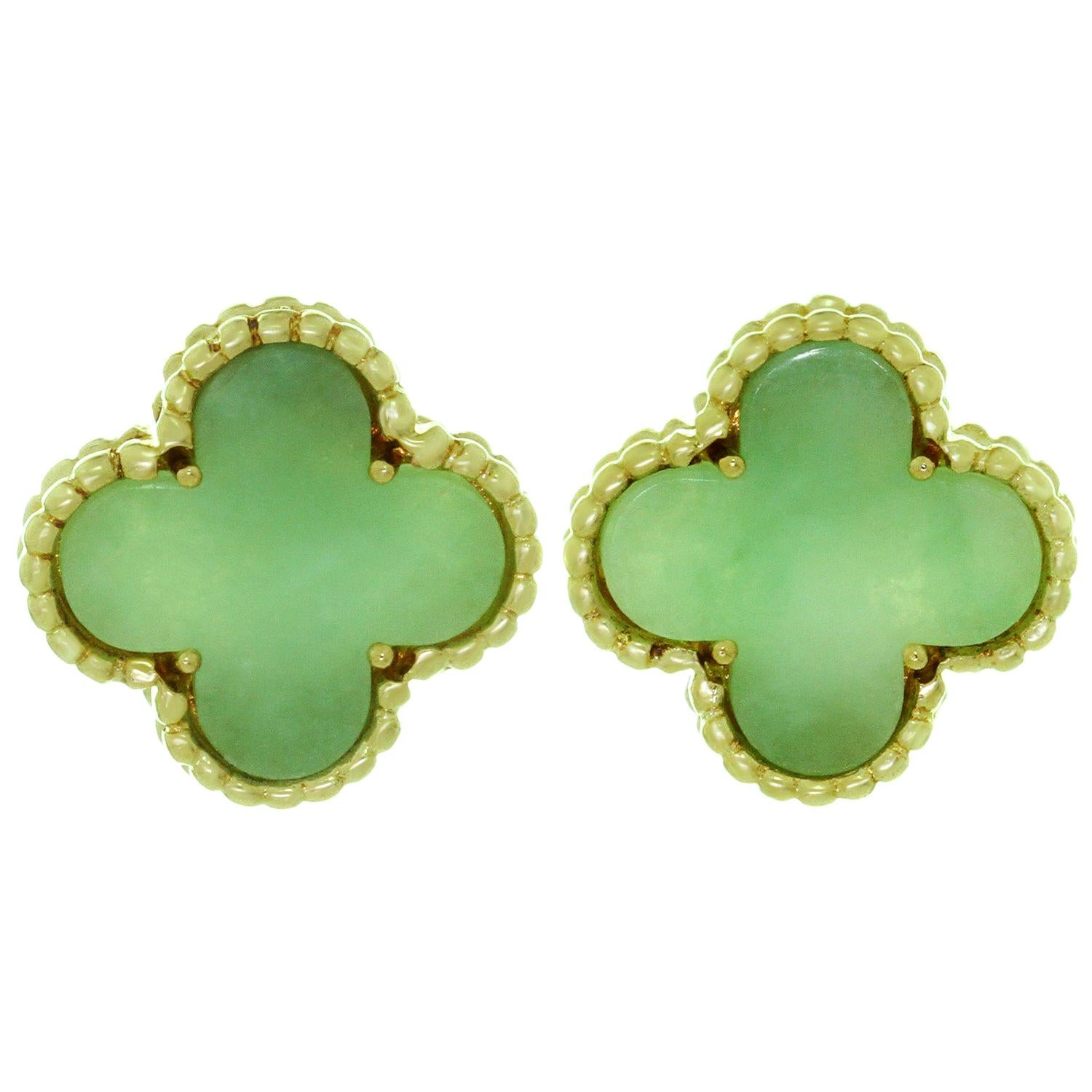 Van Cleef & Arpels Vintage Alhambra Green Jade Yellow Gold Earrings