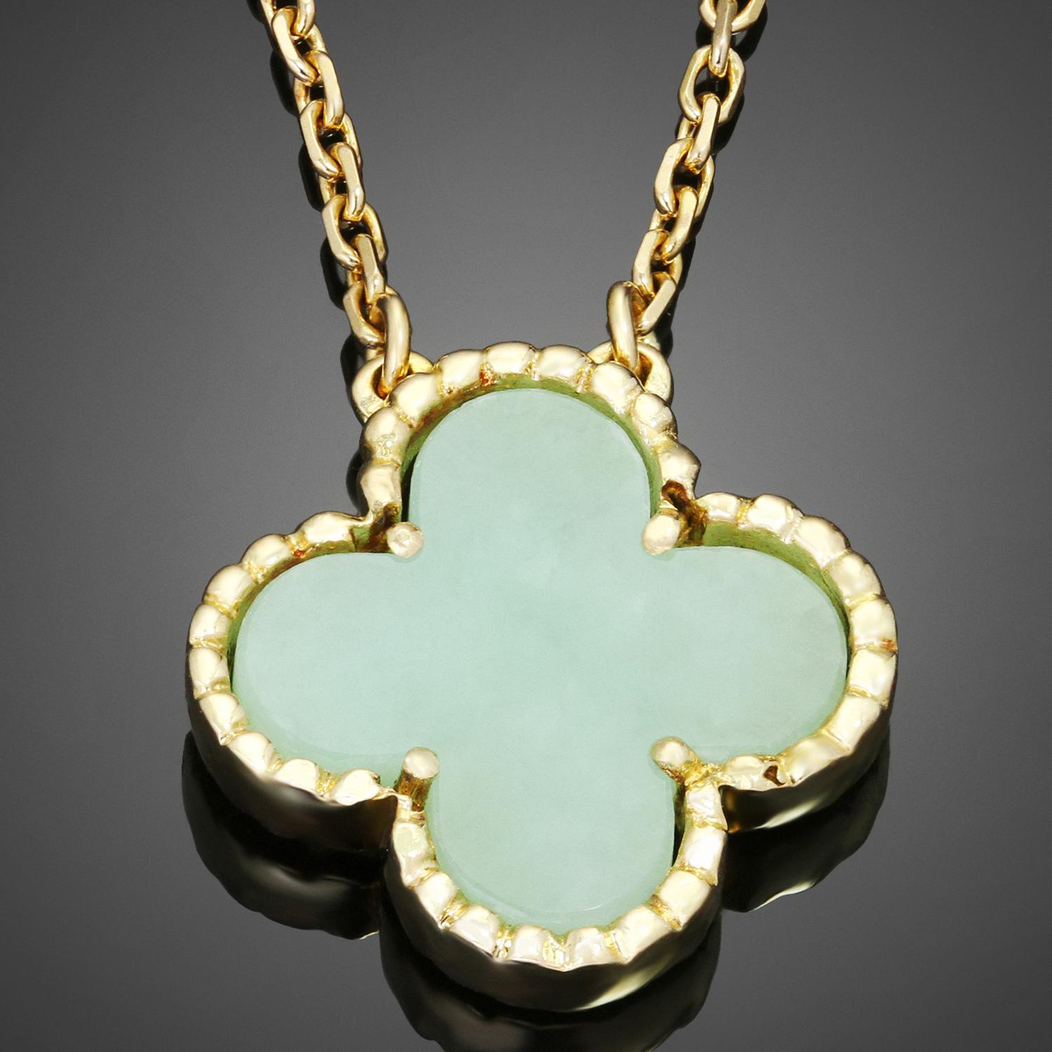 This fabulous rare necklace from the Vintage Alhambra collection by Van Cleef & Arpels features green jade pendant with beaded edges set in 18k yellow gold. An iconic and festive design inspired by the symbol of luck. Made in France circa 2000s.