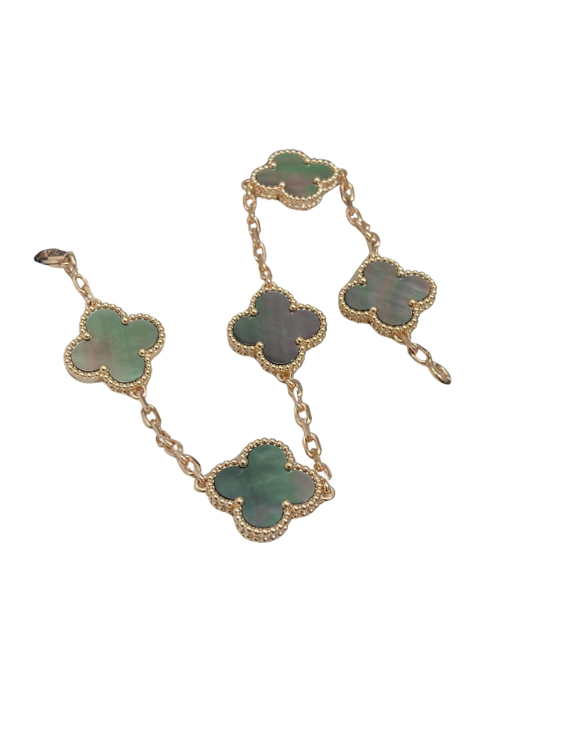 Van Cleef & Arpels Vintage Alhambra 5 Motiv Grau/Schwarz Perlmutt 18K Rose Gold Armband
18K Rose Gold AU 750 
Sehr schöne grau-schwarze Perlmutt mit schönen Schattierungen, Farben, Politur und Glanz. Bitte sehen Sie sich alle Fotos und Videos an, um