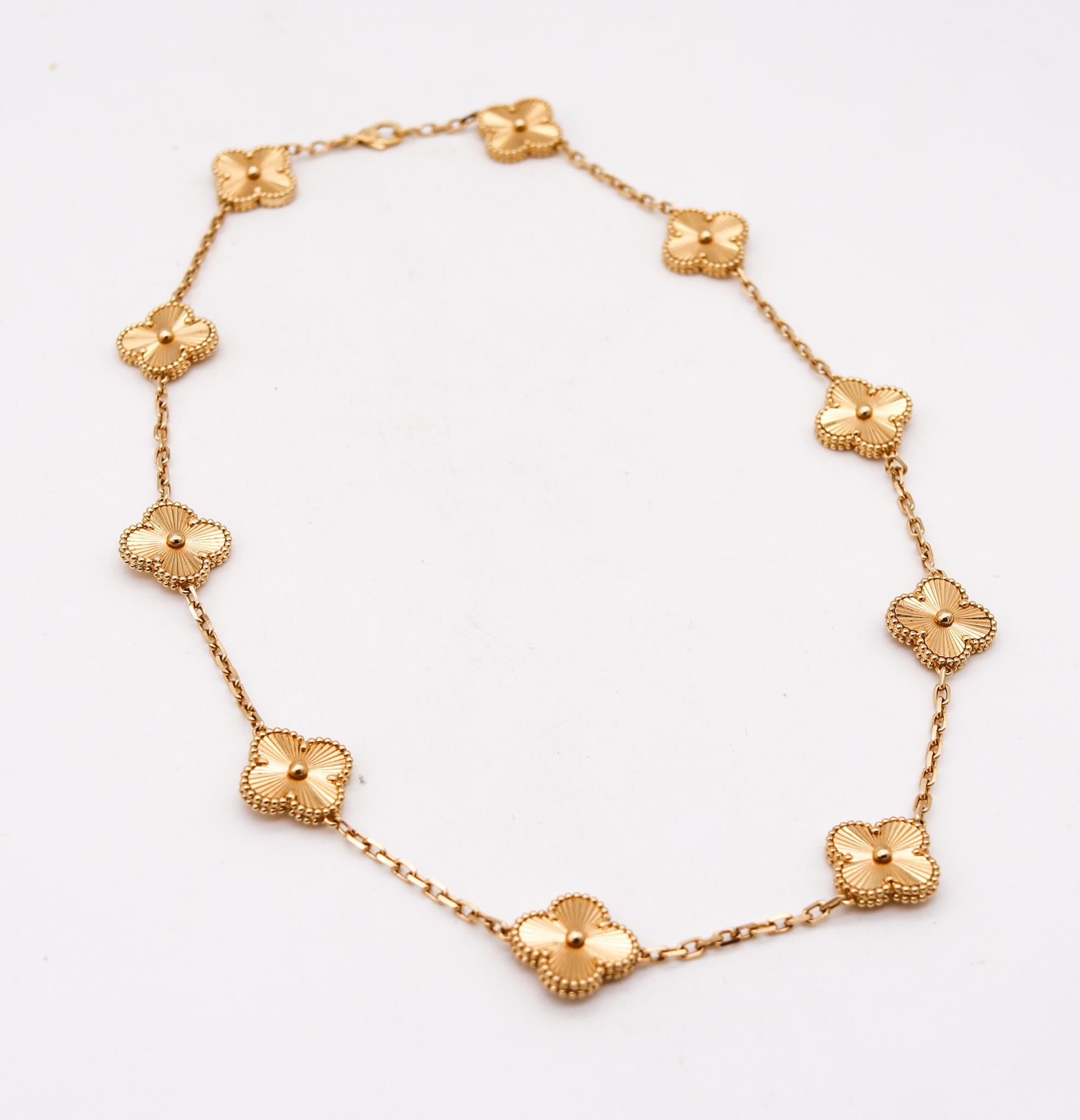 Alhambra guilloche necklace designed by Van Cleef & Arpels.

This is one of the most iconic pieces designed by the house of Van Cleef & Arpels. This ten motifs Alhambra Guilloche necklace has been crafted in solid yellow gold of 18 karats and fitted