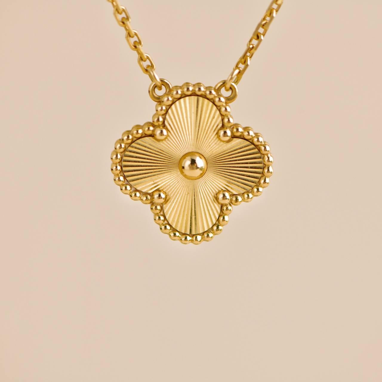 Van Cleef & Arpels Vintage Alhambra Guilloché 18K Yellow Gold Pendant Necklace 2