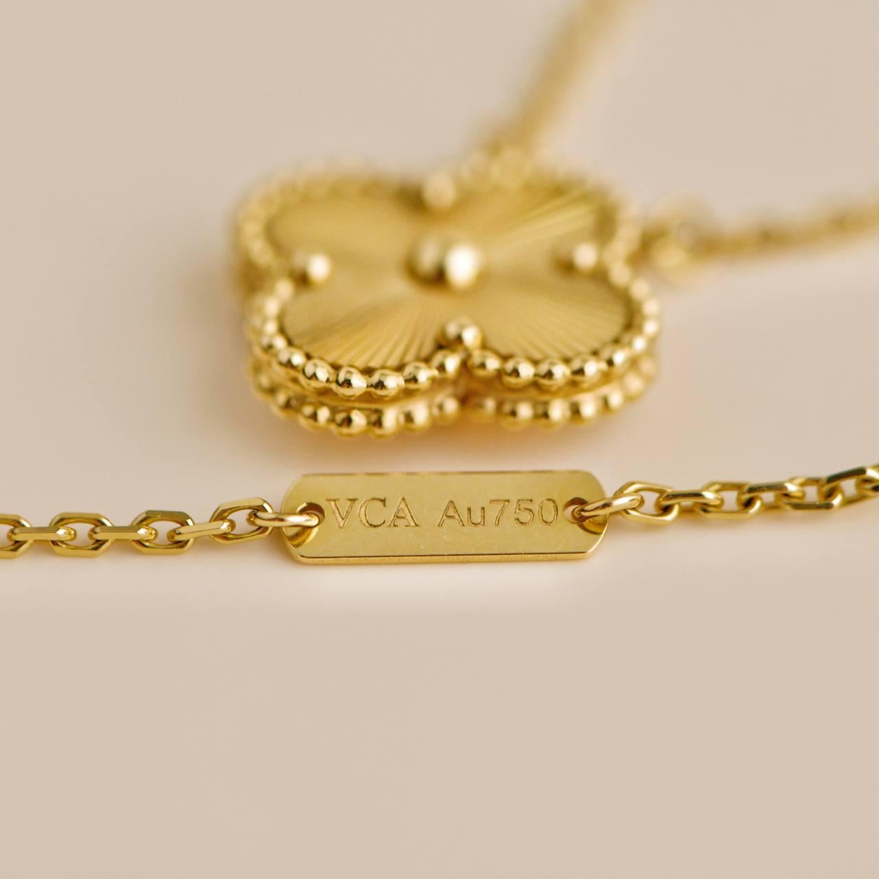 Van Cleef & Arpels Vintage Alhambra Guilloché 18K Yellow Gold Pendant Necklace 4