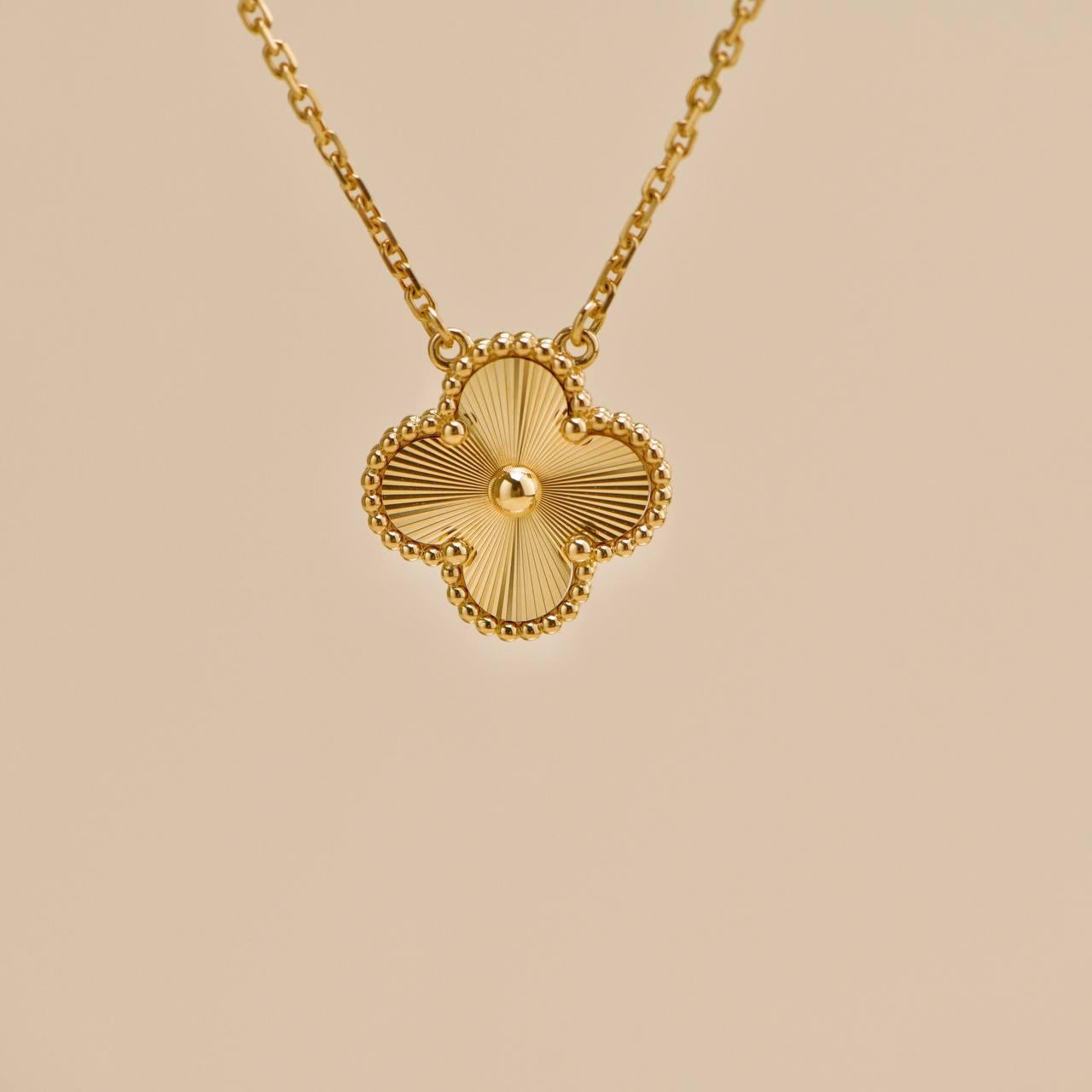 Van Cleef & Arpels Vintage Alhambra Guilloché 18K Yellow Gold Pendant Necklace 3