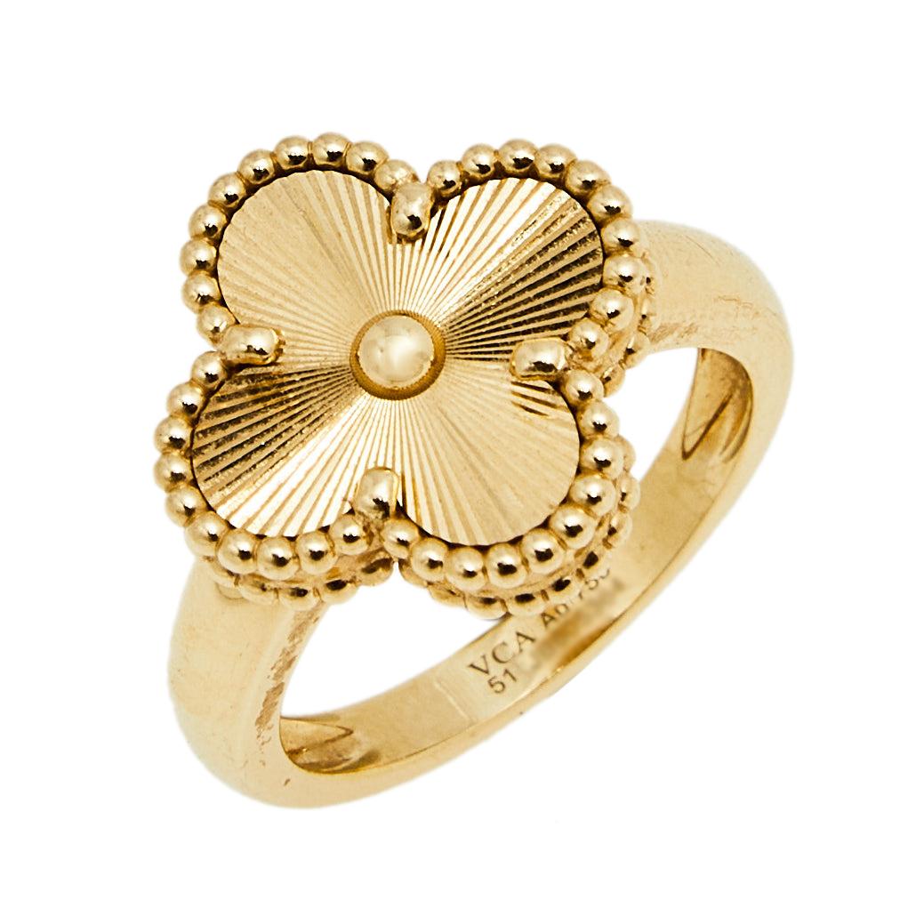 Women's Van Cleef & Arpels Vintage Alhambra Guilloché 18k Yellow Gold Ring Size 51