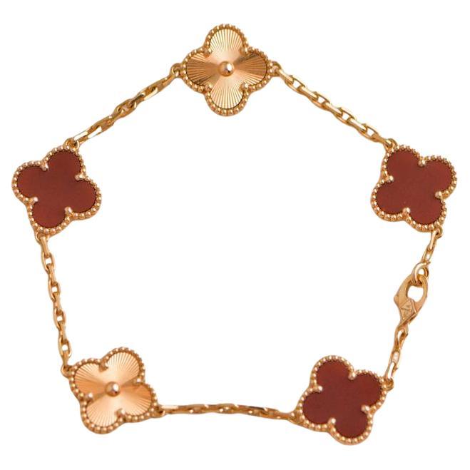 Van Cleef & Arpels Vintage Alhambra Guilloche Carnelian Rose Gold Bracelet For Sale
