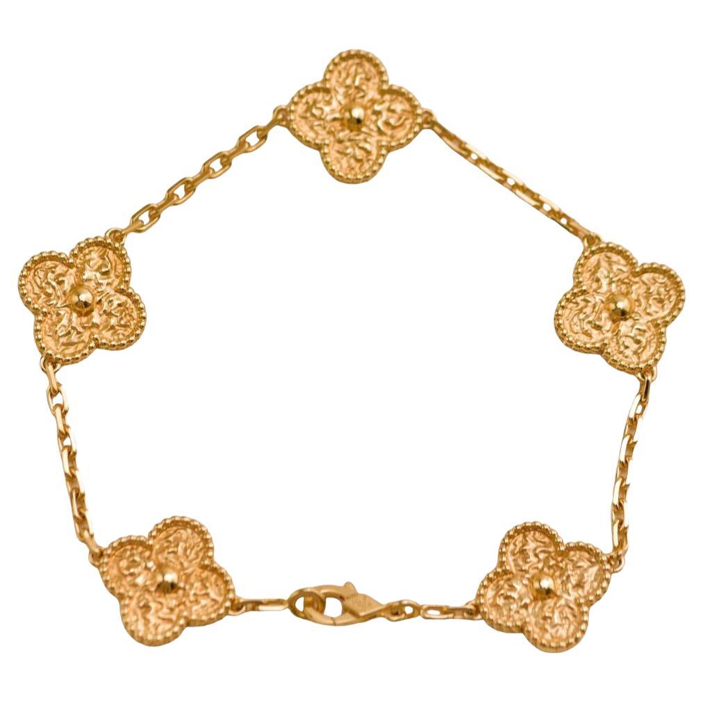 Van Cleef & Arpels Vintage Alhambra Hammered 18K Yellow Gold 5 Motif Bracelet