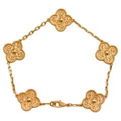 Van Cleef & Arpels Vintage Alhambra Hammered 18K Yellow Gold 5 Motif Bracelet