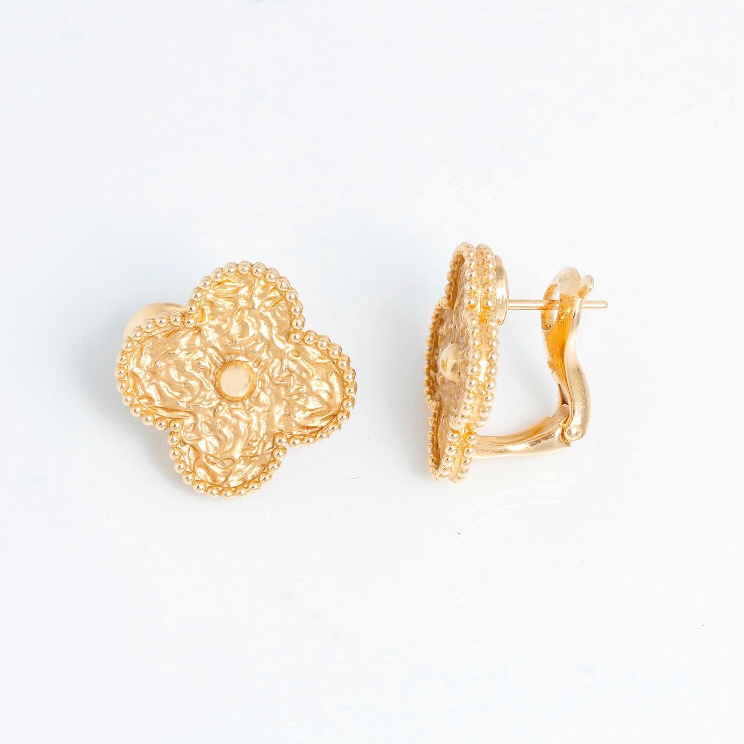 Van Cleef & Arpels Vintage Alhambra Hammered 18K Yellow Gold Earrings - 18K Yellow gold hammered vintage Alhambra earrings. Approx. diameter1.5 cm. Weight 8.9 grams. Originally sold 2015. Pre-owned with original box and papers. .