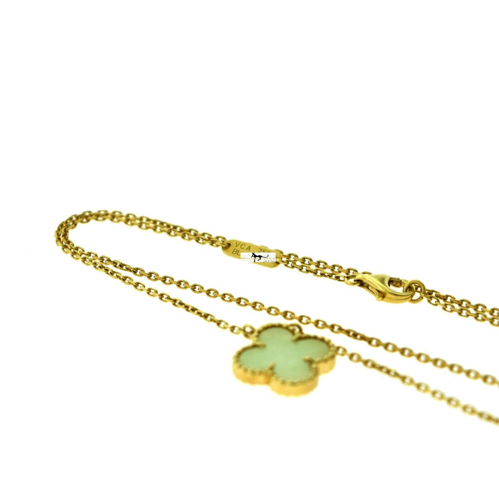 Designer: Van Cleef & Arpels

Collection: Vintage Alhambra

Style: 1 Motif Single Pendant Necklace

Metal Type: Yellow Gold

Metal Purity: 18k

Stones: Jade

Necklace Length: 16.8 inches

Total Item Weight (grams): 

Motif Dimensions: approx. 0.75