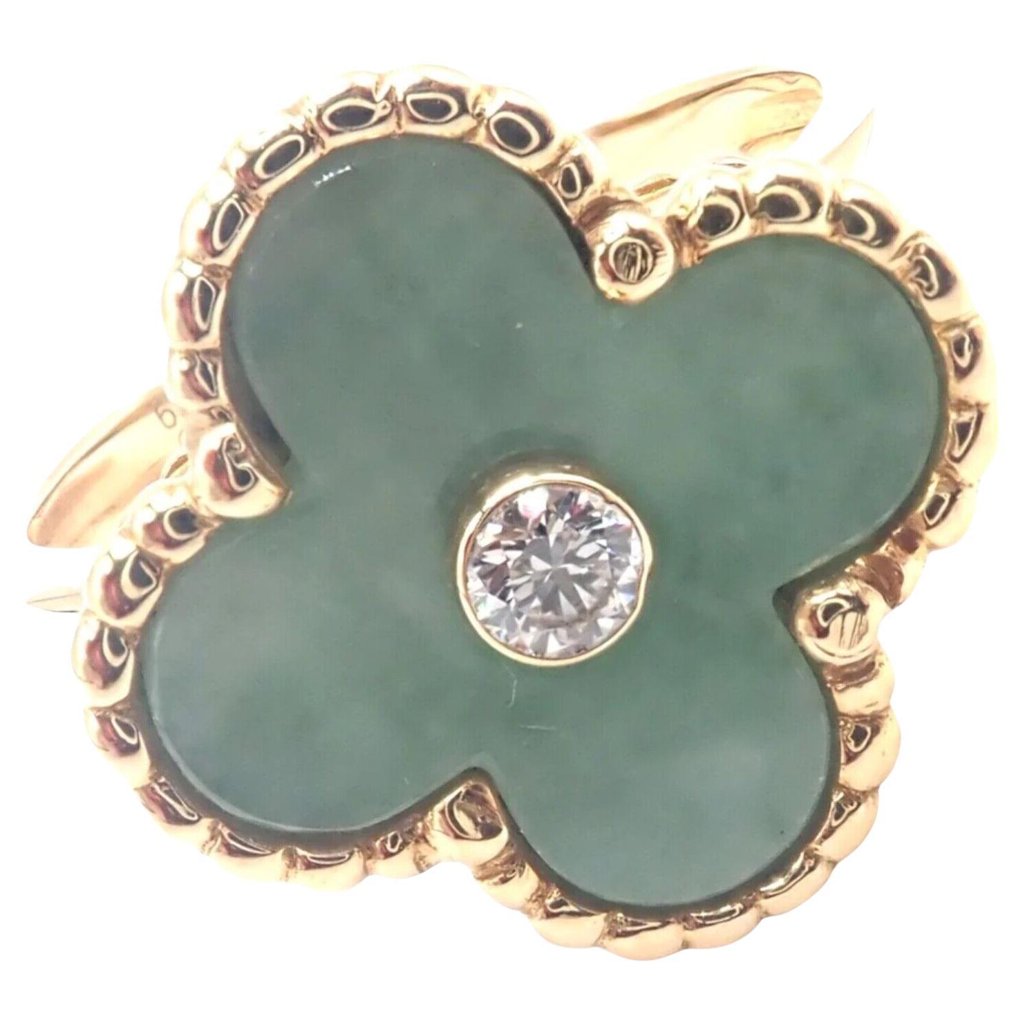 Van Cleef & Arpels Vintage Alhambra Jade Diamond Yellow Gold Ring For Sale