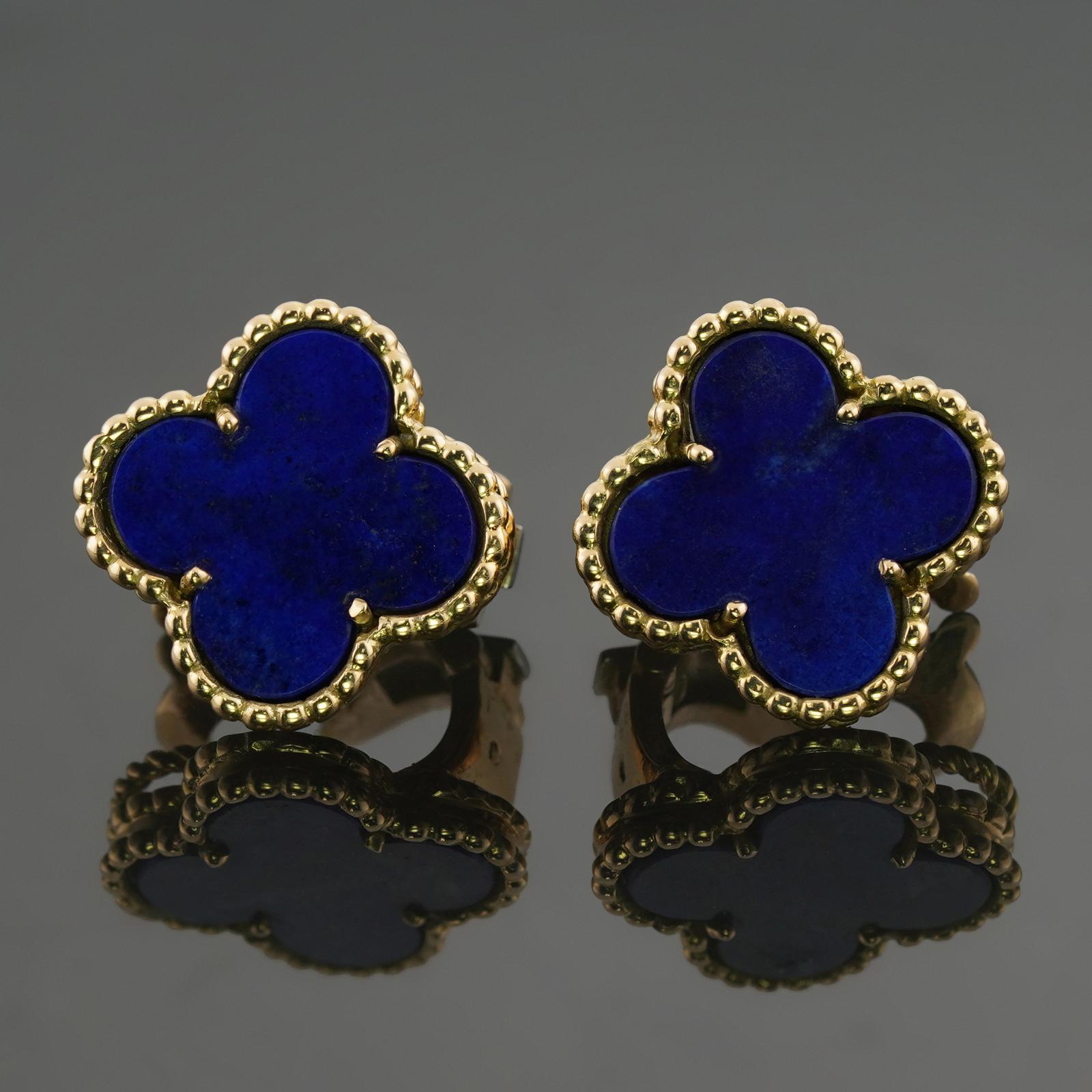 These stunning vintage Van Cleef & Arpels clip-on earrings from the Vintage Alhambra collection feature the lucky clover design crafted in 18k yellow gold and set with blue lapis lazuli gemstones. Made in France circa 1980s. Posts can be added upon