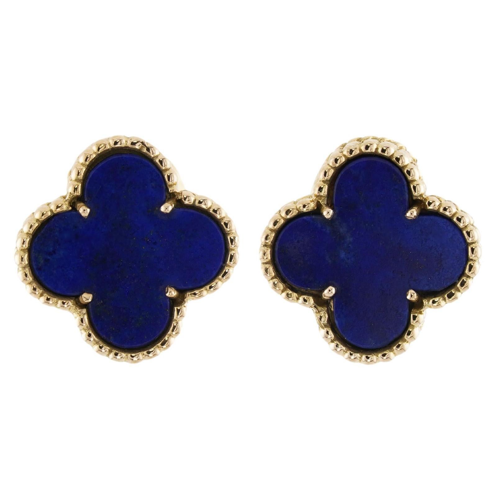 VAN CLEEF & ARPELS Vintage Alhambra Lapis Lasuli 18k Yellow Gold Clip-on Earring For Sale