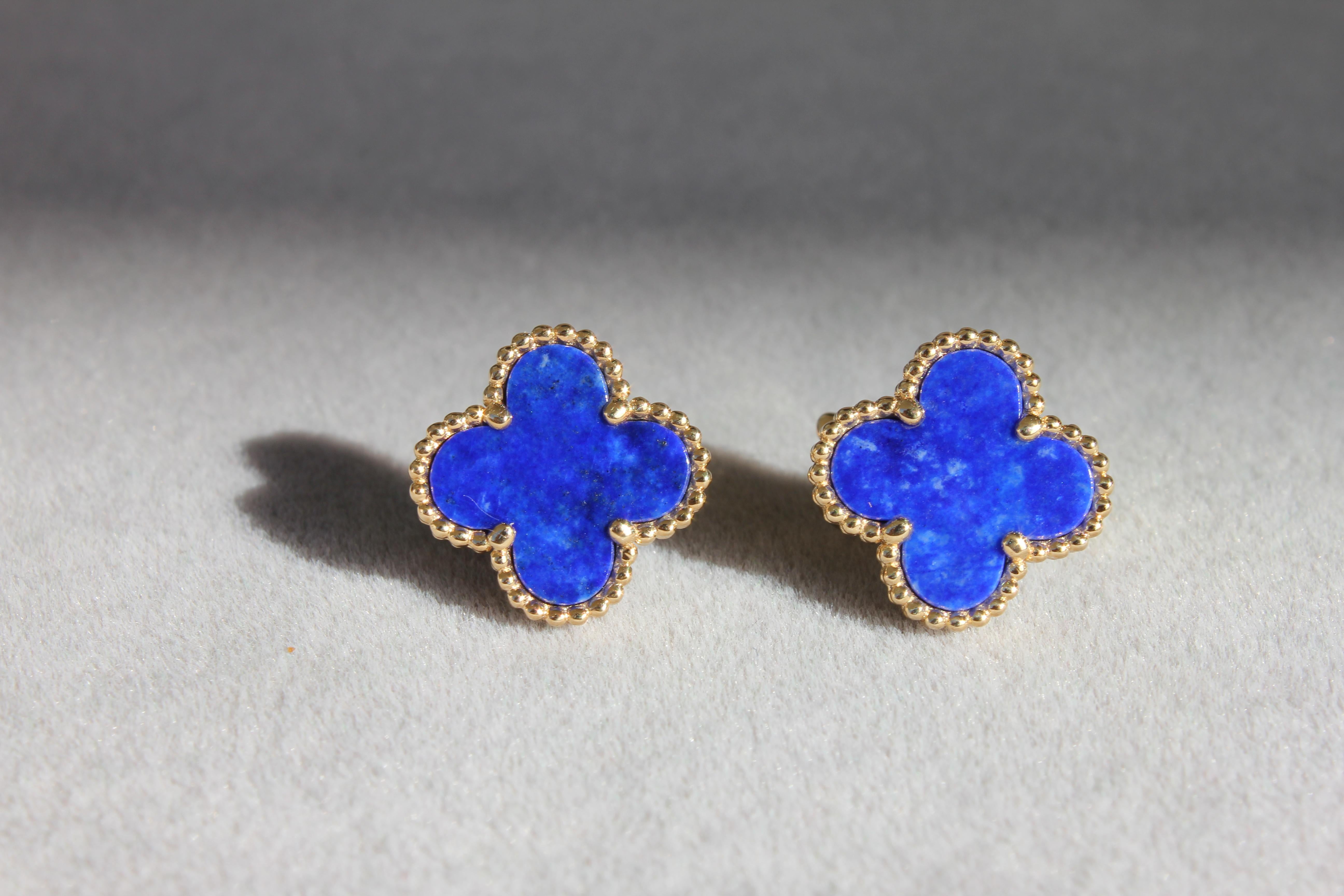 Modern Van Cleef & Arpels Vintage Alhambra Lapis Lazuli 18K Yellow Gold Estate Earrings