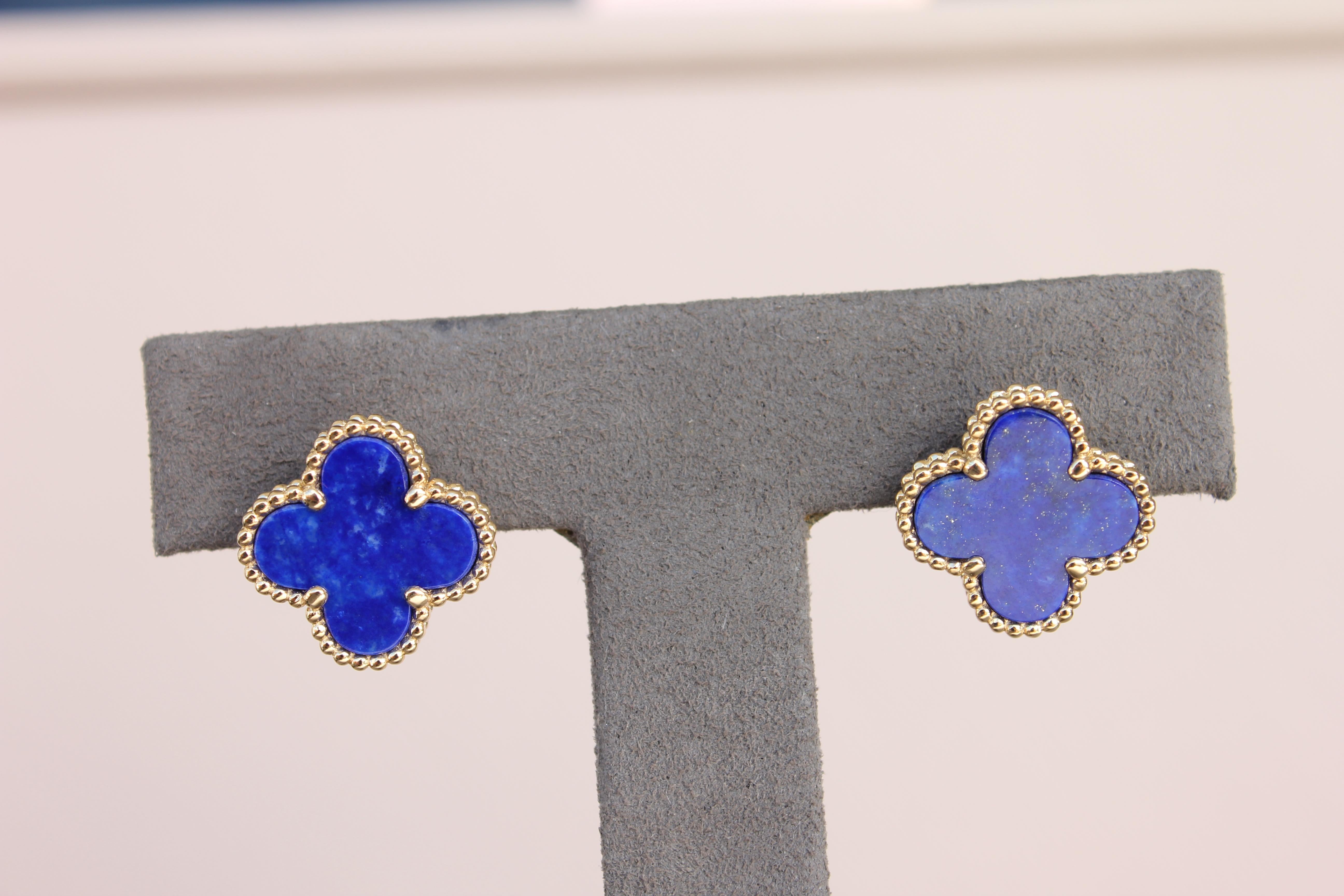 Cabochon Van Cleef & Arpels Vintage Alhambra Lapis Lazuli 18K Yellow Gold Estate Earrings