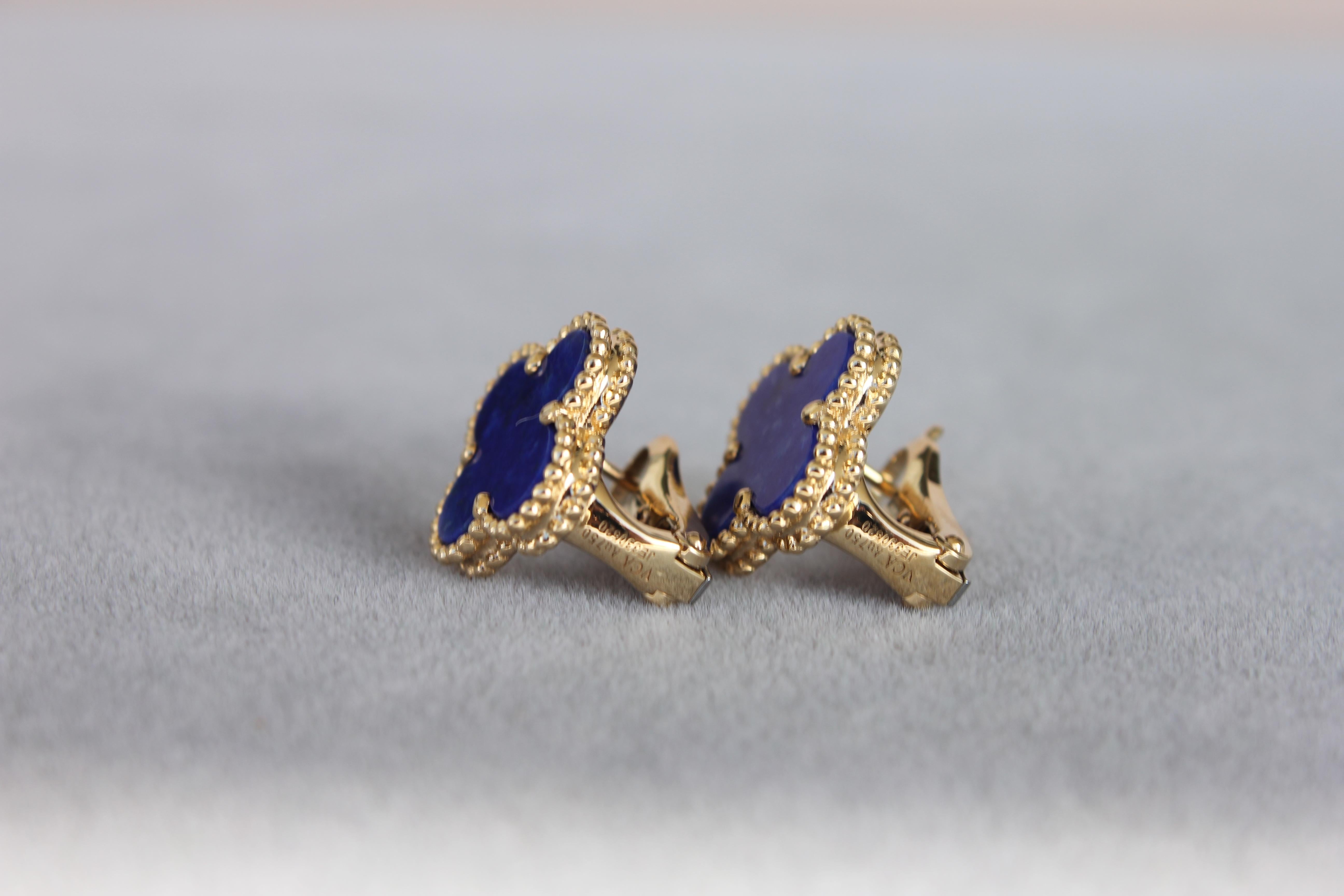 Van Cleef & Arpels Vintage Alhambra Lapis Lazuli 18K Yellow Gold Estate Earrings In Good Condition In Fairfax, VA