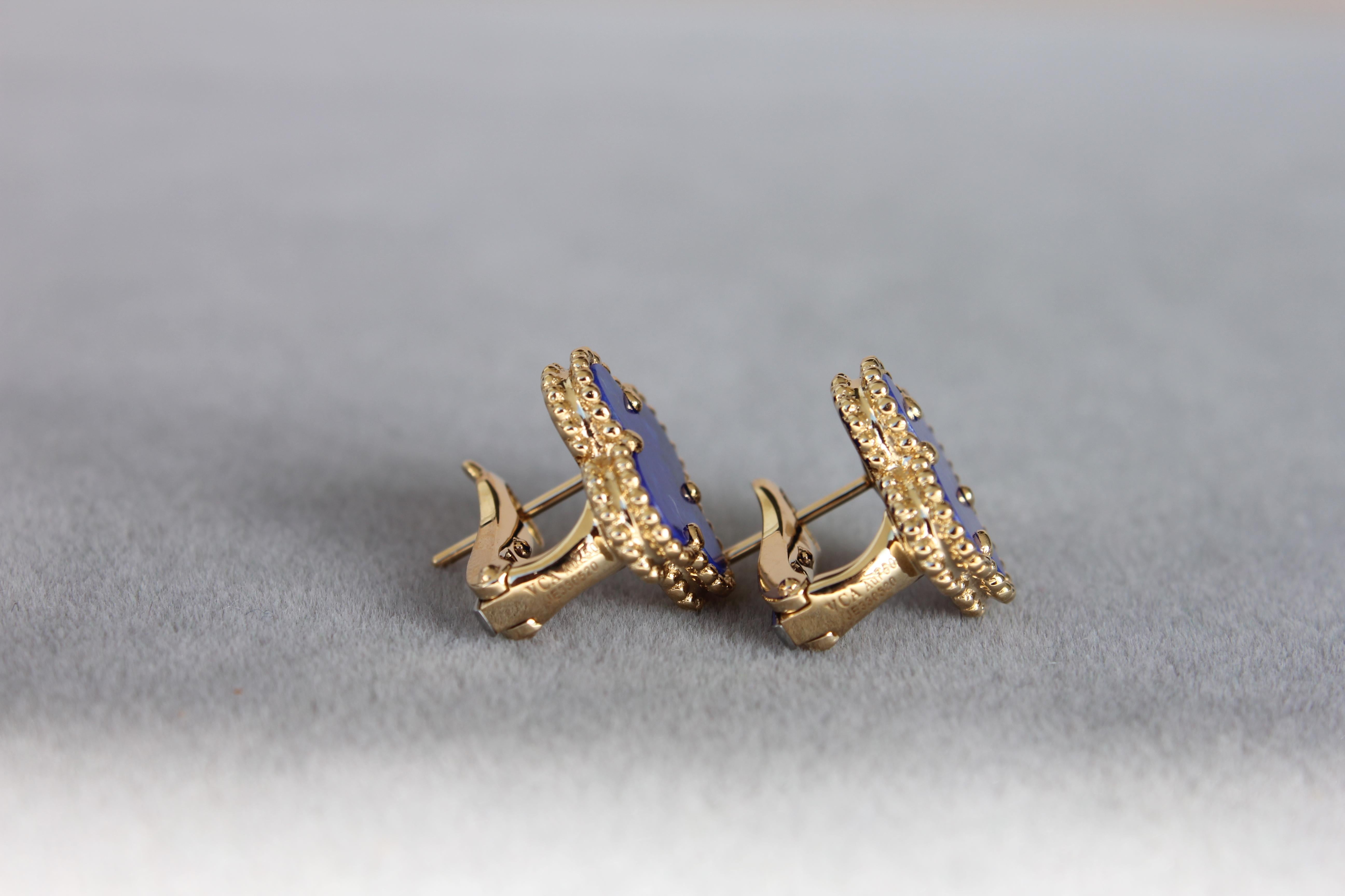 Women's or Men's Van Cleef & Arpels Vintage Alhambra Lapis Lazuli 18K Yellow Gold Estate Earrings
