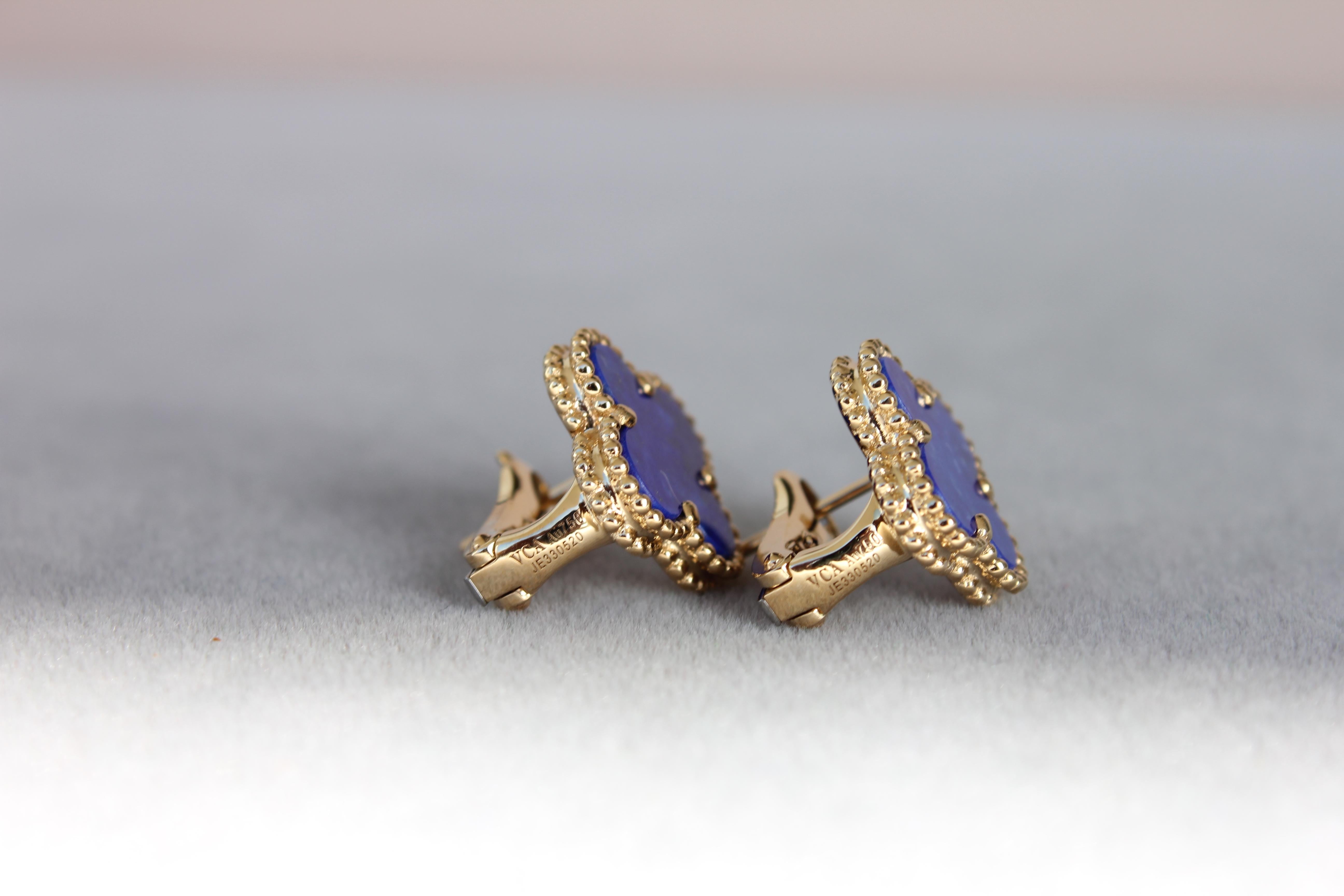 Van Cleef & Arpels Vintage Alhambra Lapis Lazuli 18K Yellow Gold Estate Earrings 1