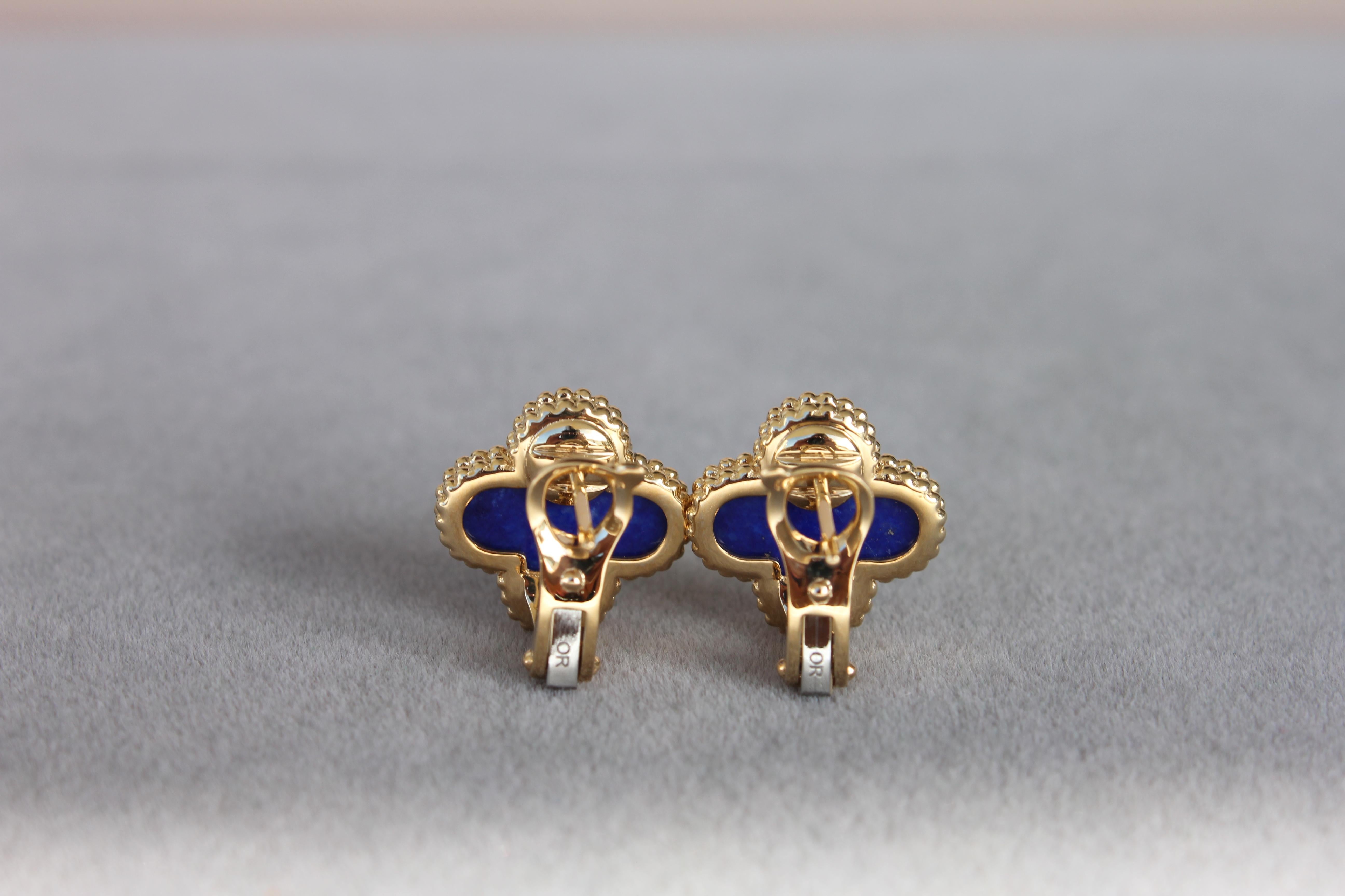 Van Cleef & Arpels Vintage Alhambra Lapis Lazuli 18K Yellow Gold Estate Earrings 2