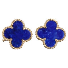 Van Cleef & Arpels Vintage Alhambra Lapis Lazuli 18K Yellow Gold Estate Earrings