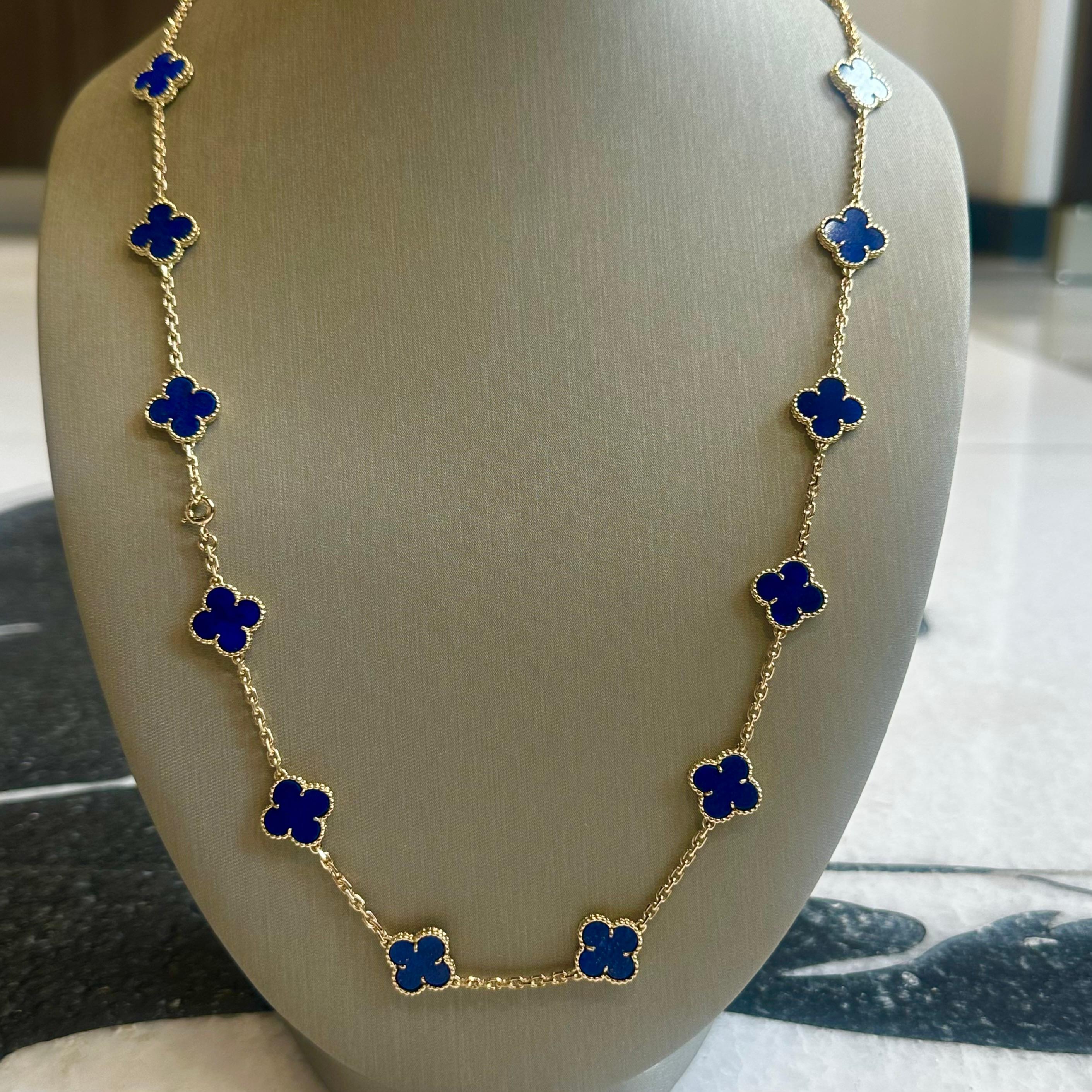 Introducing the Van Cleef & Arpels Necklace , a true collector’s piece that exude timeless elegance. Crafted with 20 exquisite Lapis Lazuli stone flower motifs, this necklace is a stunning testament to the brand’s exceptional craftsmanship. Set in