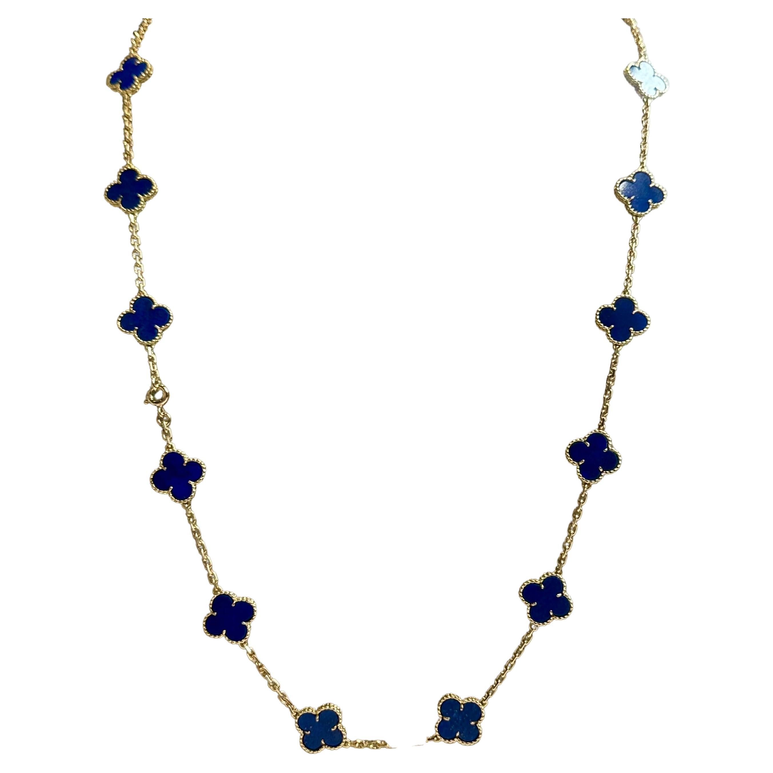RARE Van Cleef & Arpels Vintage Alhambra Lapis Lazuli 20 Motif Gold Necklace 