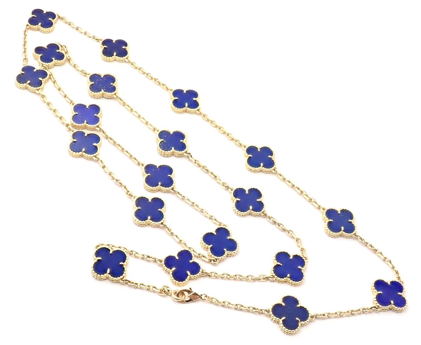 18k Yellow Gold Alhambra 20 Motifs Lapis Lazuli Necklace by 
Van Cleef & Arpels. 
With 20 motifs of Lapis Lazuli Alhambra shape stones 15mm each
*** This is an extremely rare, highly collectible lapis lazuli alhambra necklace by Van Cleef &