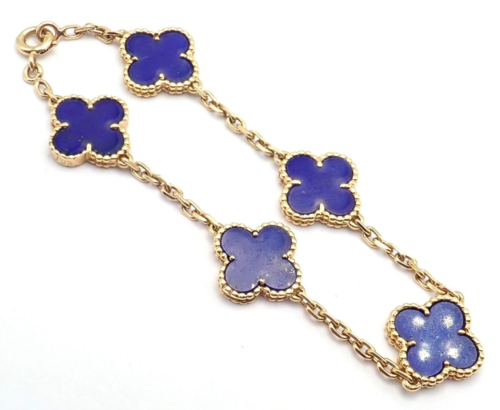 18k Yellow Gold Alhambra 10 Motifs Lapis Lazuli Bracelet by 
Van Cleef & Arpels. 
With 5 motifs of Lapis Lazuli Alhambra shape stones 15mm each
*** This is an extremely rare, highly collectible lapis lazuli alhambra bracelet by Van Cleef &