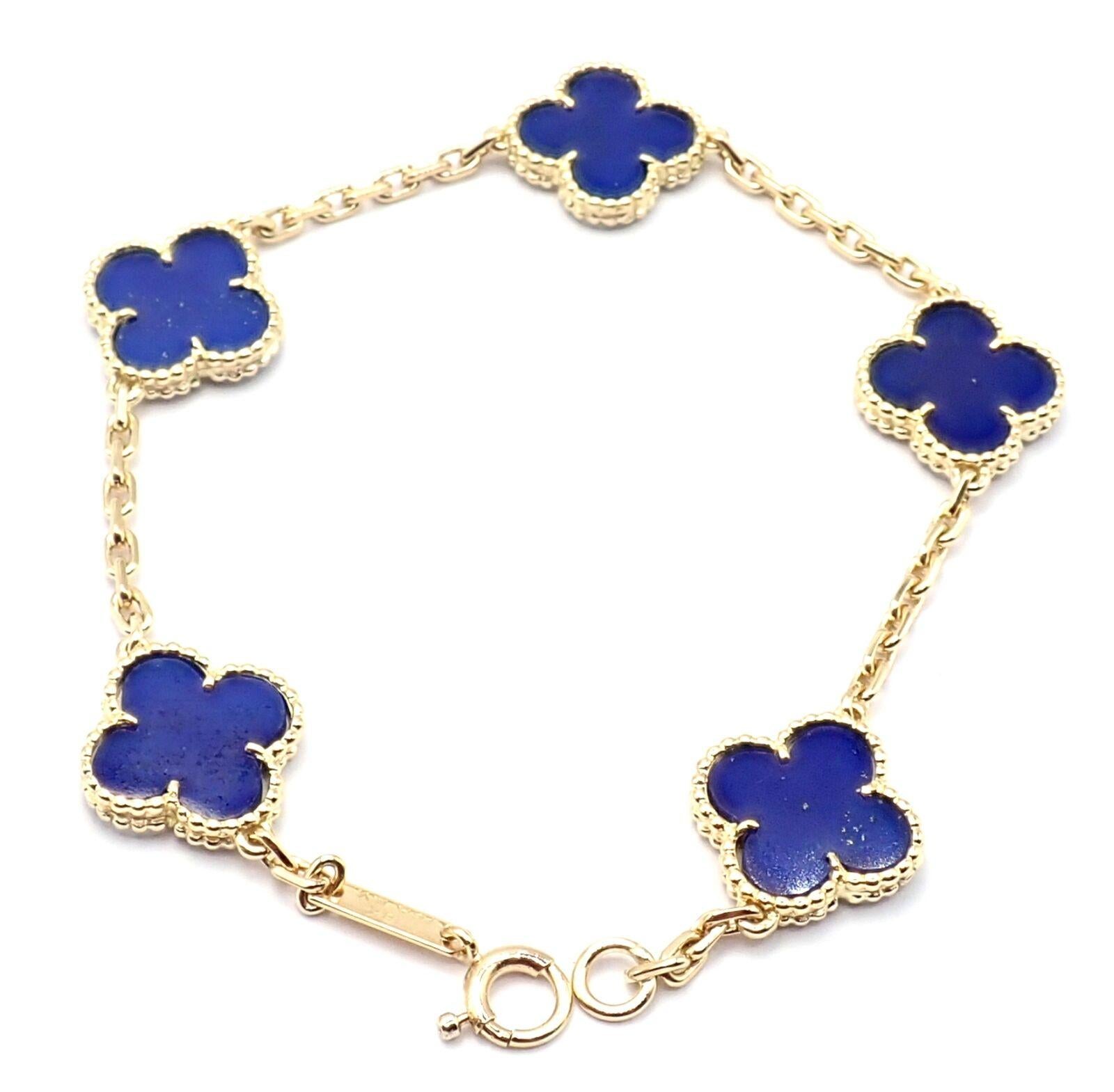 Uncut Van Cleef & Arpels Vintage Alhambra Lapis Lazuli 5 Motif Yellow Gold Bracelet