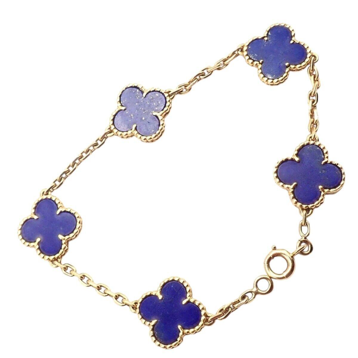 Van Cleef & Arpels Vintage Alhambra Lapis Lazuli 5 Motif Yellow Gold Bracelet In Good Condition In Holland, PA
