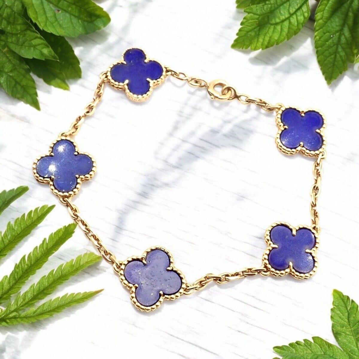 Women's or Men's Van Cleef & Arpels Vintage Alhambra Lapis Lazuli 5 Motif Yellow Gold Bracelet