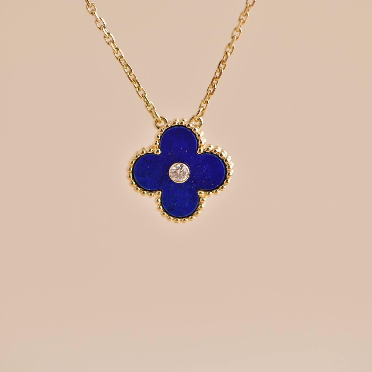 Brilliant Cut Van Cleef & Arpels Vintage Alhambra Lapis Lazuli Diamond 2010 Holiday Pendant