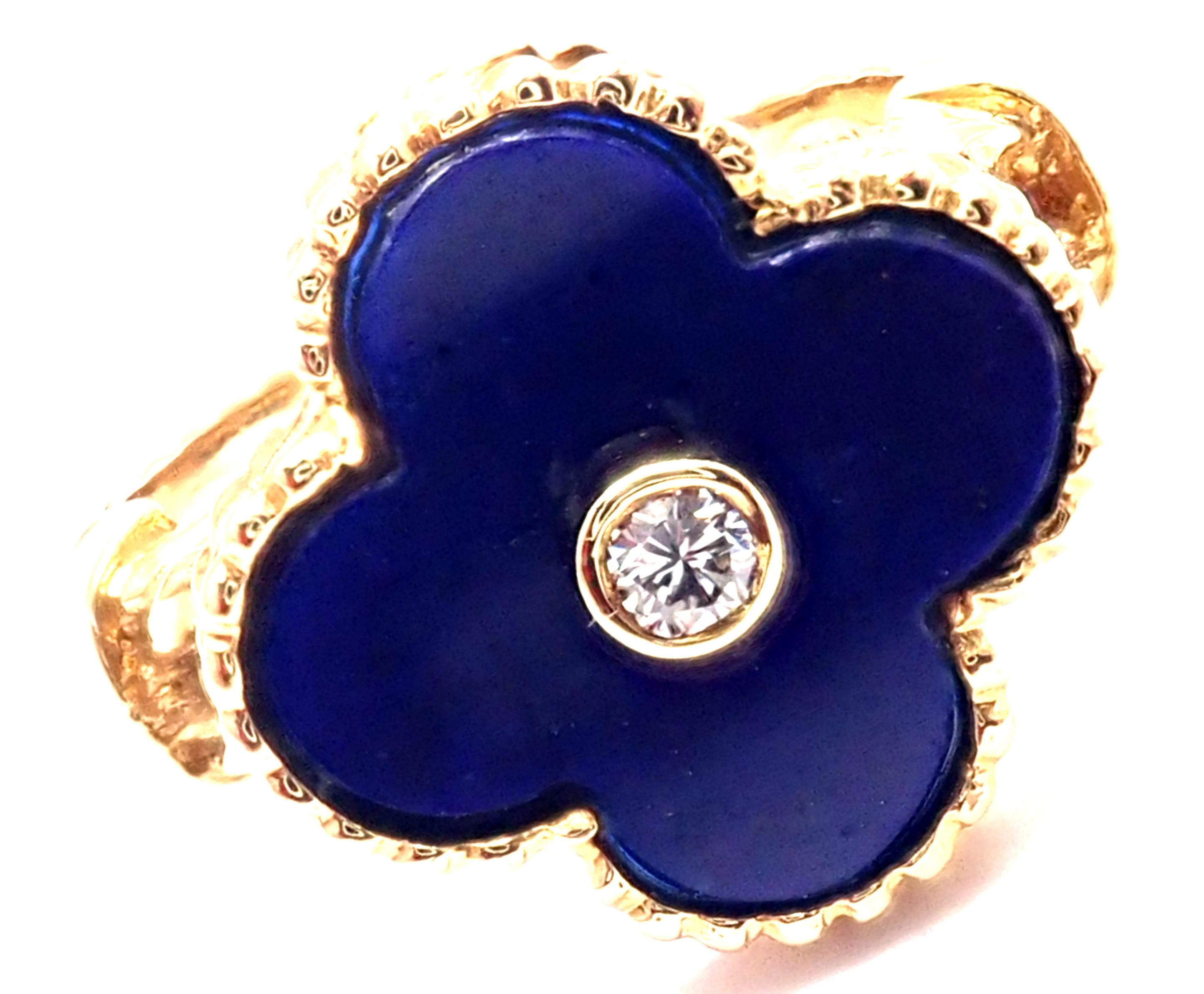 Van Cleef & Arpels Vintage Alhambra 18k Yellow Gold Diamond Lapis Lazuli Ring. 
With 1 Round brilliant cut diamond .06ct F/VS1 Alhambra cut lapis lazuli  
Details: 
Size: 4 (resize available)
Width: 14mm 
Weight: 5.2 grams 
Stamped Hallmarks: VCA