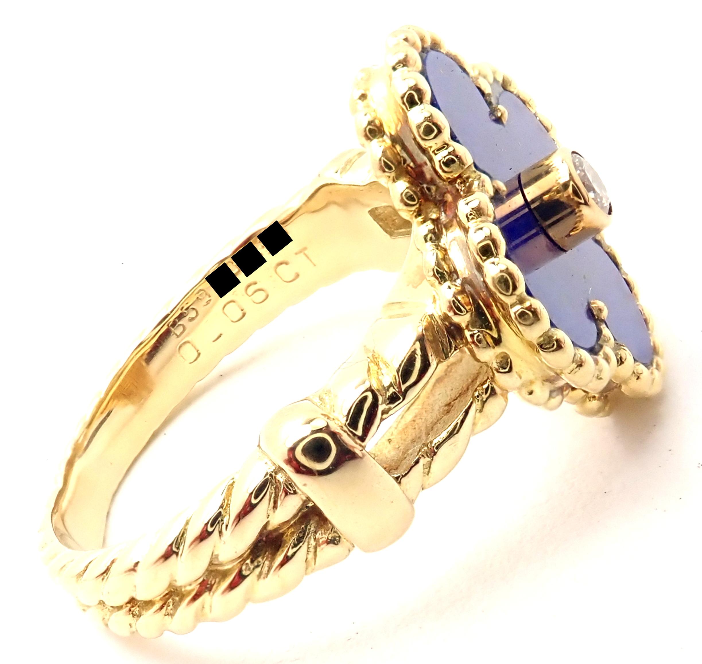 Van Cleef & Arpels Vintage Alhambra 18k Yellow Gold Diamond Lapis Lazuli Ring. 
With 1 Round brilliant cut diamond .06ct F/VS1 Alhambra cut lapis lazuli  15mm
Details: 
Size: 6
Width: 15mm 
Weight: 7.5 grams 
Stamped Hallmarks: VCA 18k